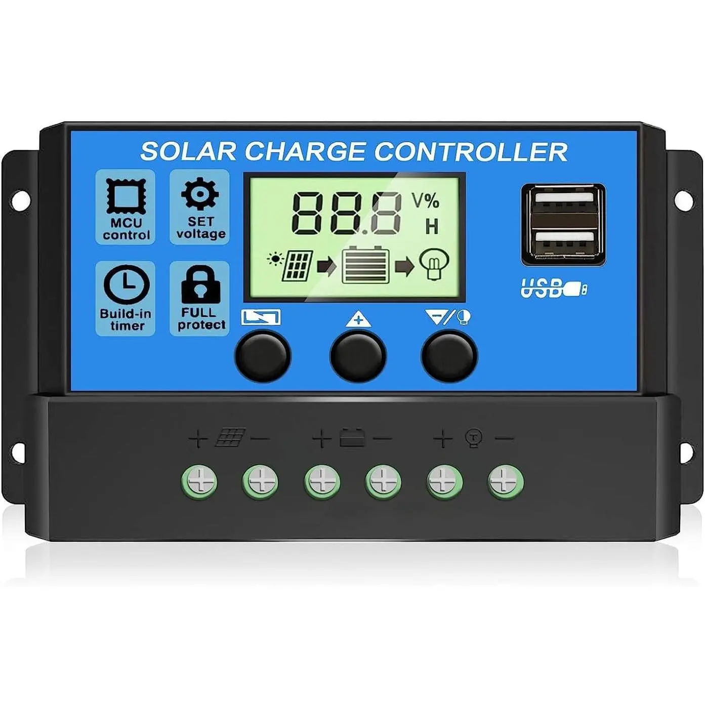 30A PWM Solar Charge Controller, 12V 24V  USB Solar Panel  Intelligent Regulator with LCD Display, Auto Parameter Adjustable, Timer Setting, Multiple Load Control Modes