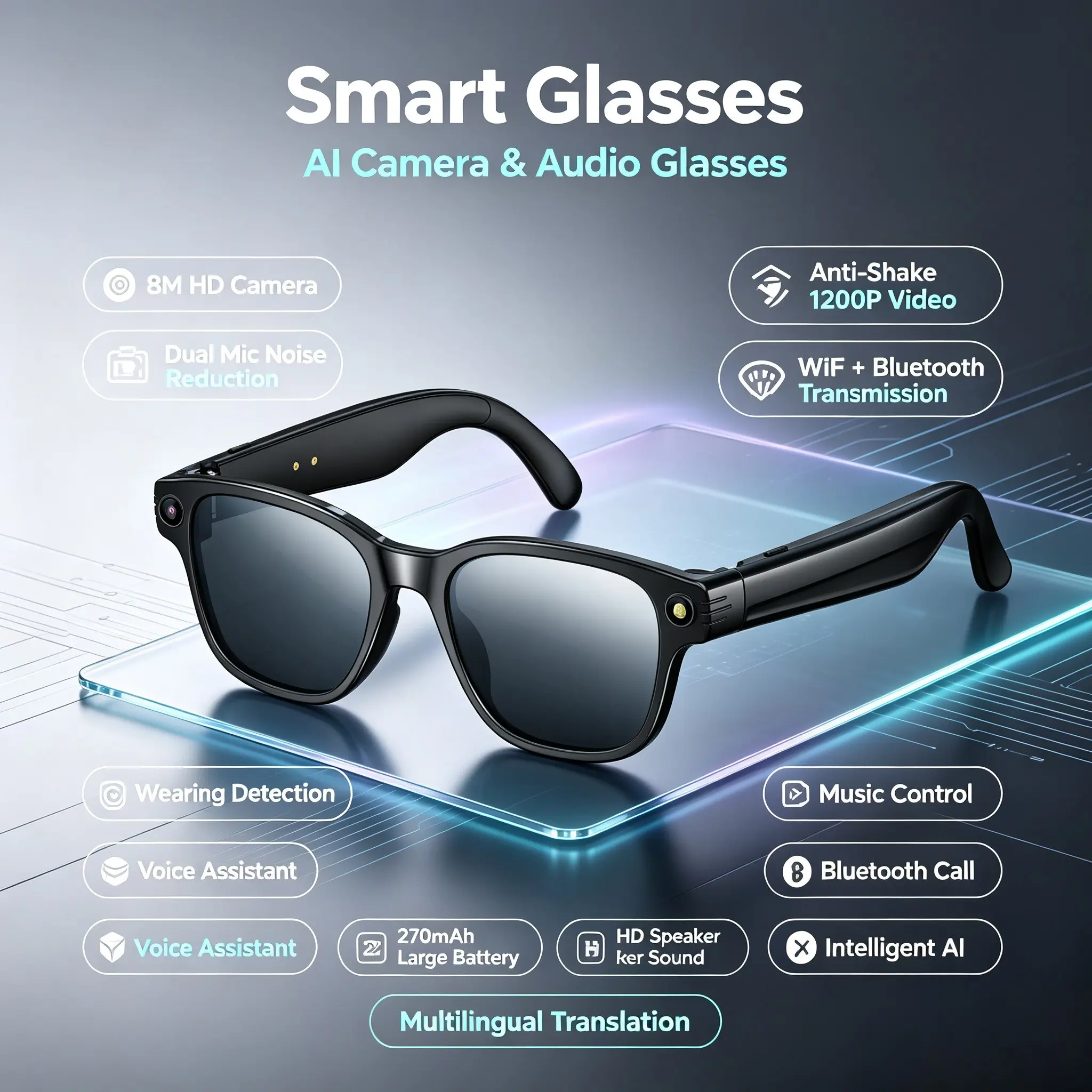 AI Smart Glasses with 800MP HD Camera, 1080P HD Video Recording, Hands-Free Video & Photo, Real-Time Translation, Bluetooth-compatible Audio, Multifunctional Smart Glasses, Ideal for Travel & Vlogging