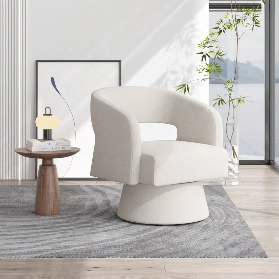 Swivel Barrel Accent Chair, Sherpa Upholstered With Wood Frame & Support, Comfy Lounge Chair Living Room, Bedroom