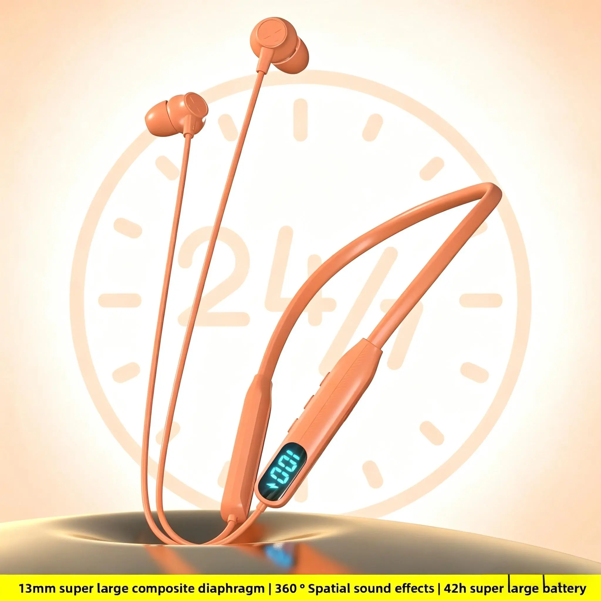 Latest Upgraded Version Orange Neckband Wireless Headphones, Sweatproof Flexible Neckband, 42H Battery, Type-C Fast Charge, Conversation Boost & Adaptive EQ, LED Power Display, Applicable to Apple & Android, Perfect Christmas Gift for Him,fitn,Intelligent