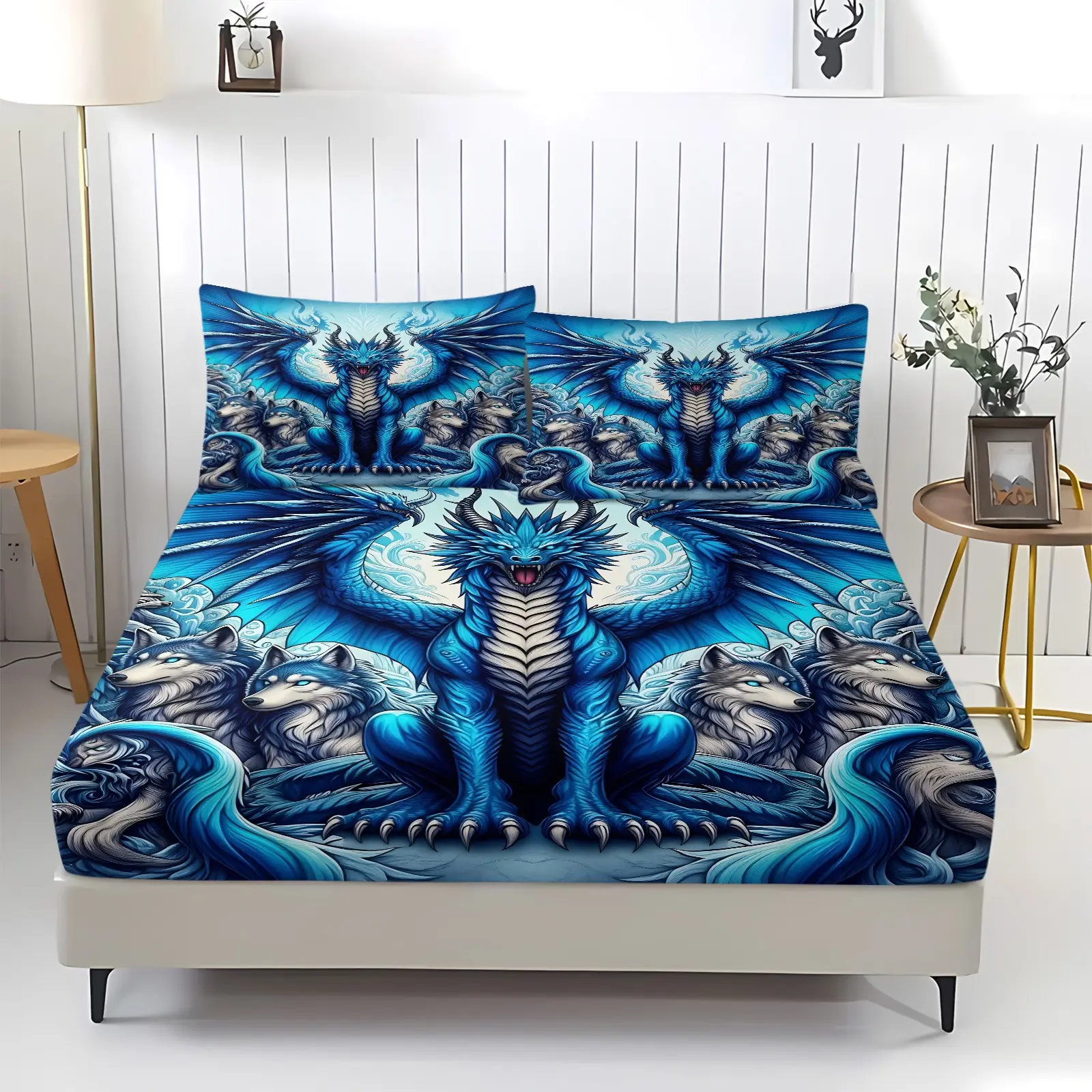 Fantasy Cool Ice Blue Dragon and Wolf Print Bedding Bed Sheet Set, Gothic Wildlife Design, Durable Non-Slip Mattress Protector, Teen Boys Bedroom Decor