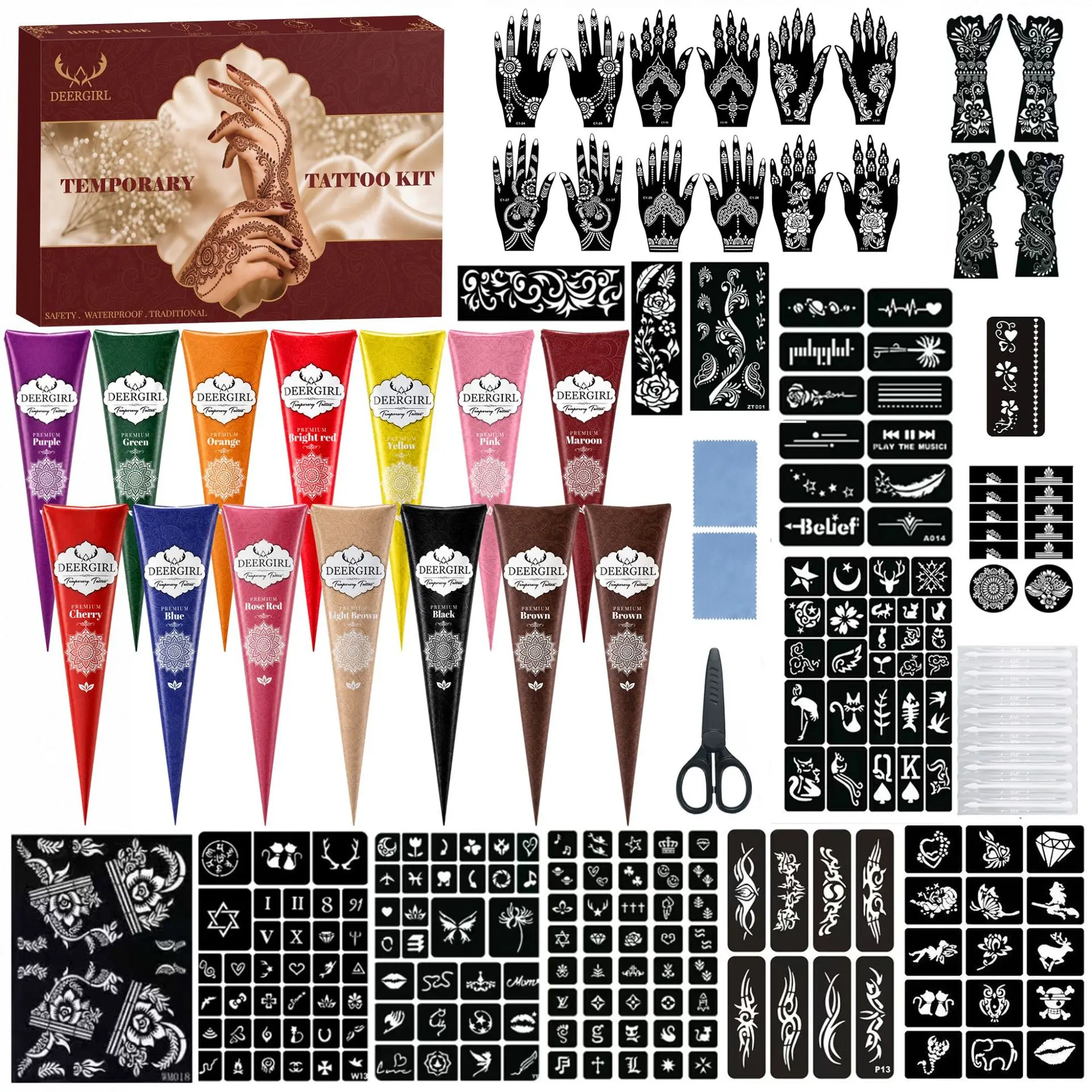 24 Colors Henna Tattoo Paste Kit, Plant-based Temporary Long-lasting Waterproof Body Art Paint