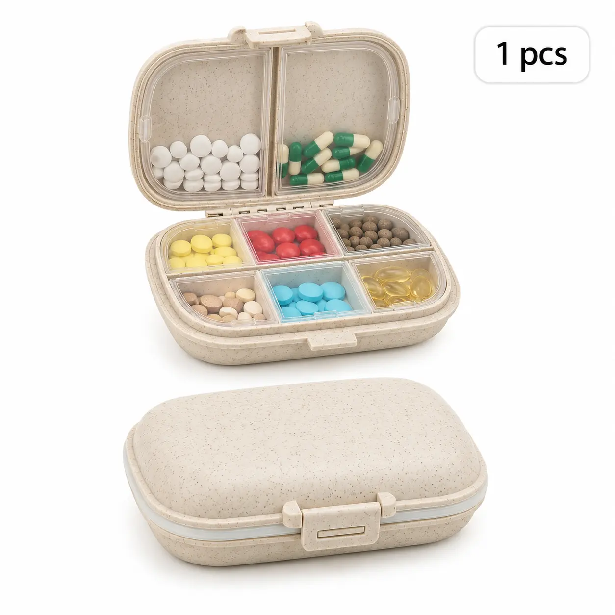 1 Pack Travel Pill Organizer, 8 Compartments Portable Pill Case, Pocket Size Small Pill Box for Vitamins, Supplements & Medicine