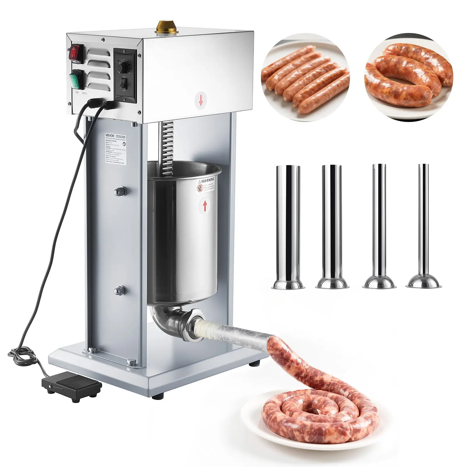 VEVOR Stainless Steel Electric Sausage Stuffer, 22 lbs/10 L (29.2 kg Max Capacity, 64.37 lbs Filling Support) Vertical Meat Filler with Stepless Speed Adjustment, Foot Pedal, 4 Filling Tubes, Stable Base, Side Panels for Home Use