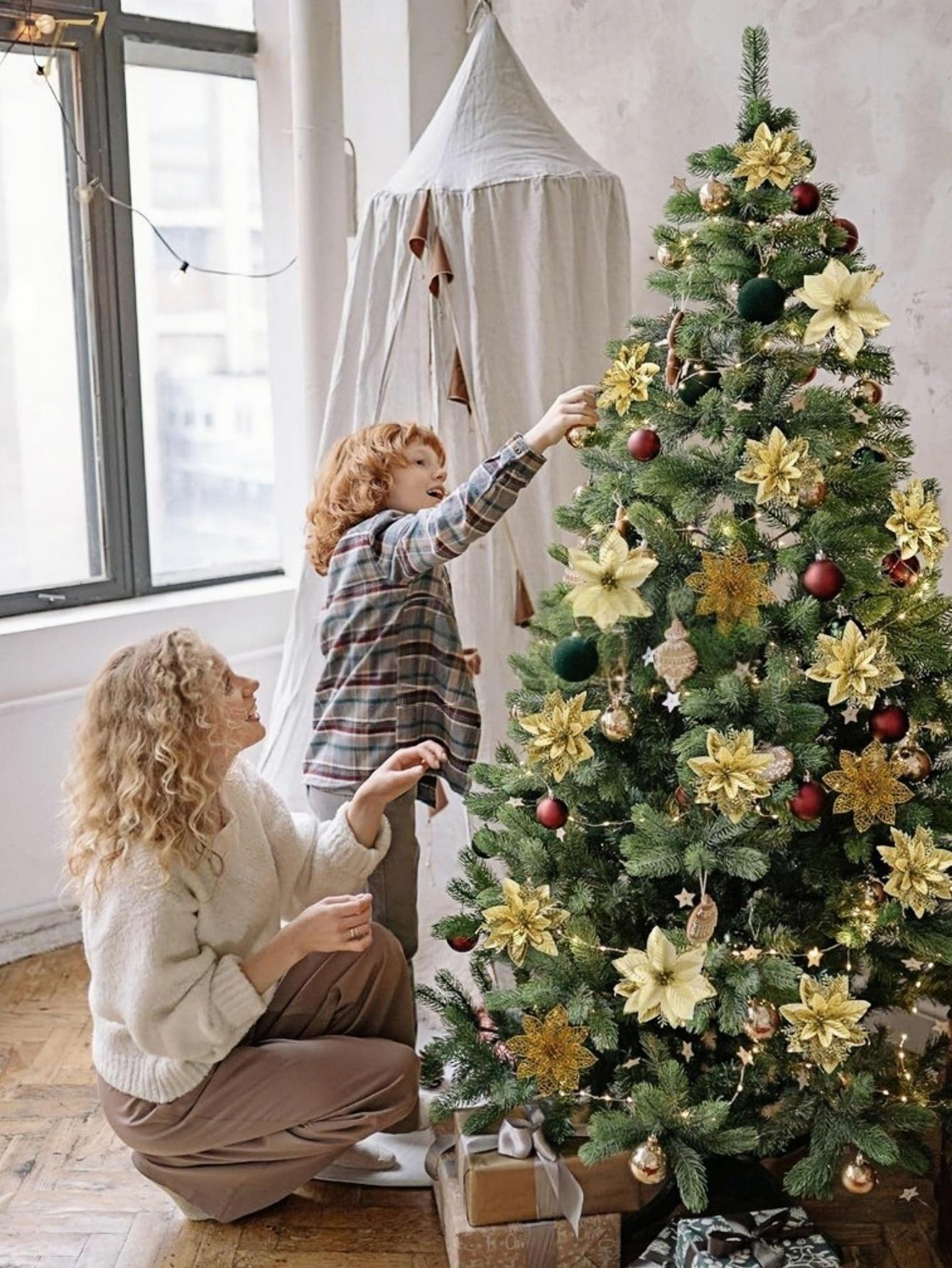 6-24Pcs 15cm Artificial Christmas Flowers with Clips Stems, Xmas Tree Ornaments Glitter Flower for Garland New Year Party Decor