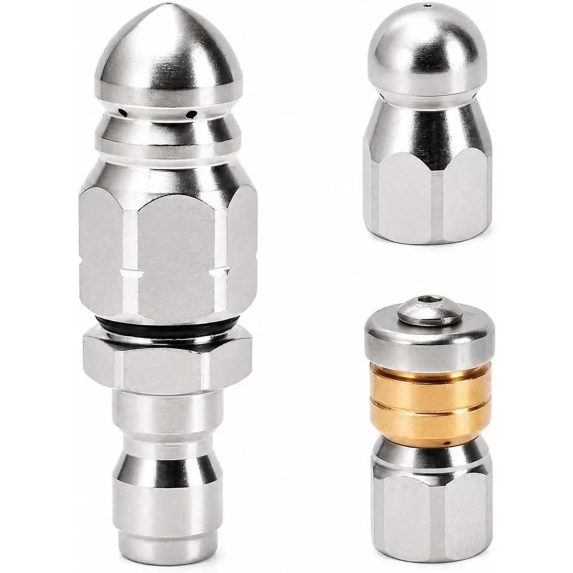 Sewer Jetter Nozzle Kit, 3-Pack Stainless Steel Jet Nozzles with Rotating, Button Nose, and Fixed Models, 1/4" Quick Connect, Up to 5000 PSI for  Washer Drain Cleaning