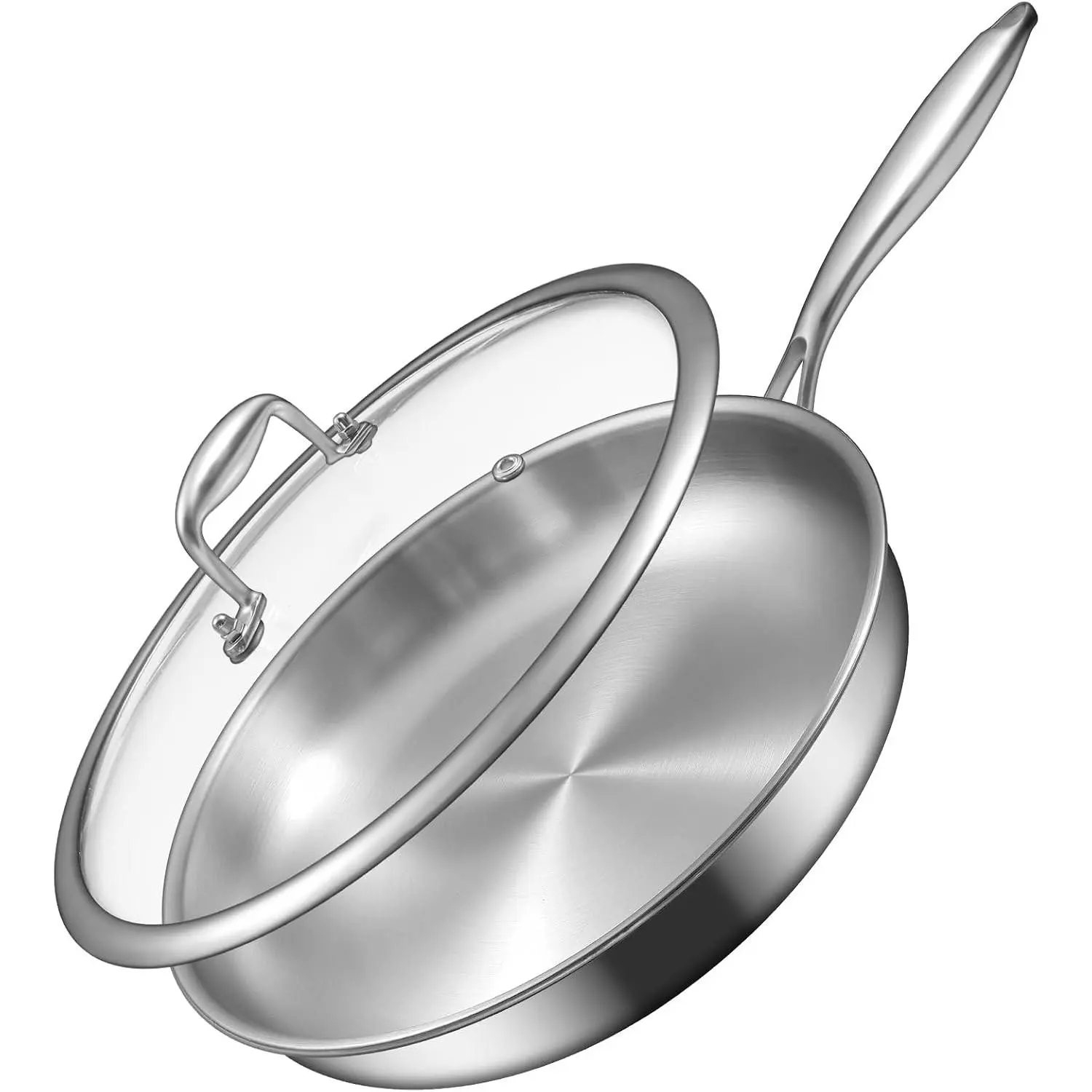 12 Inch Tri-Ply Stainless Steel Frying Pan with Lid, Induction Ready, Compatible with All Cooktops Up to 600℉, Dishwasher & Oven Safe, Even Heat Large Skillet