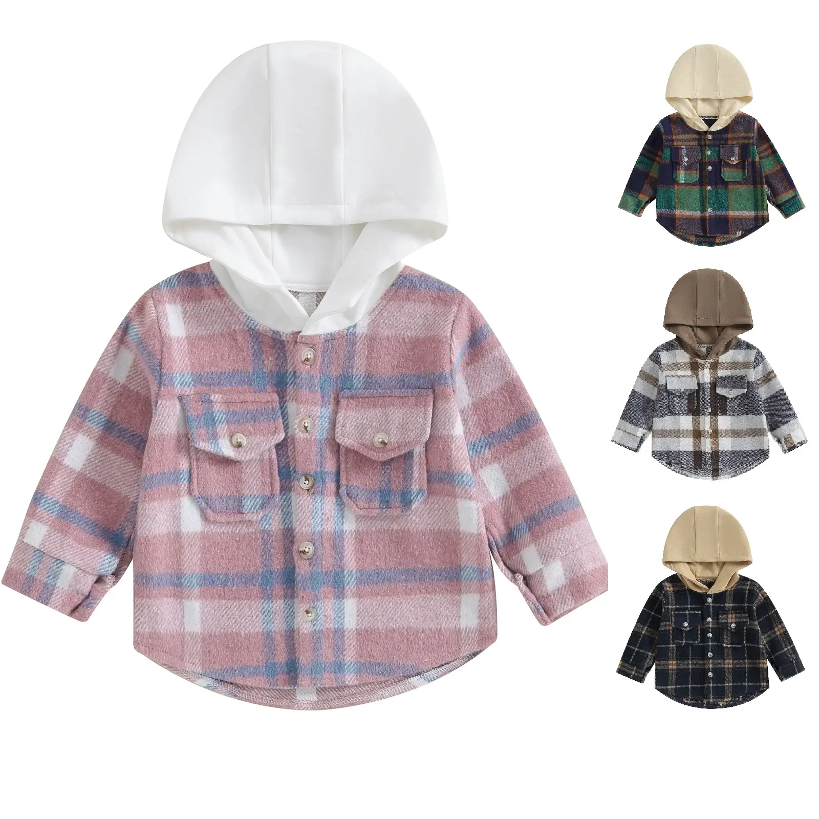 Toddler Baby Boys Flannel Shirts Jacket Hooded Long Sleeve Button Down Plaid Outerwear with Pockets