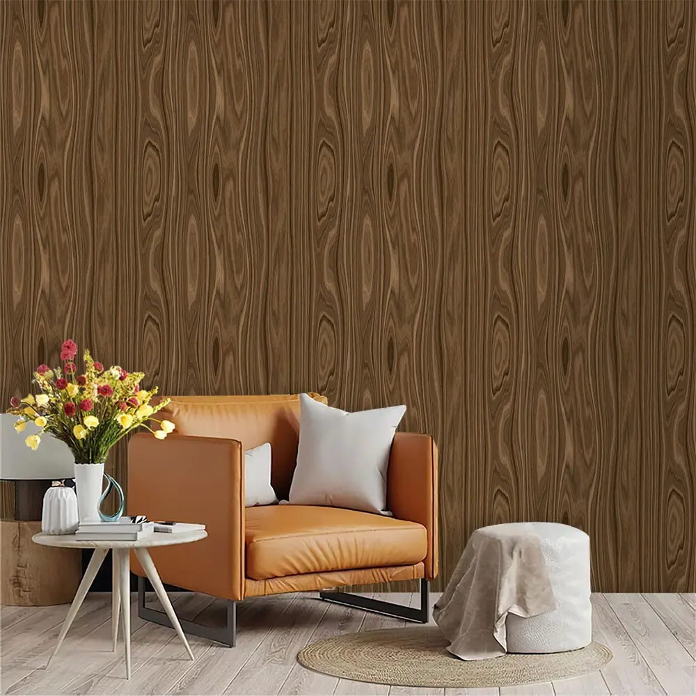 Large Sheet Walnut Wood Pattern Wallpaper, Deep Walnut, PVC Adhesive Back, Mould-Proof, for Living Room, Kitchen, Bedroom