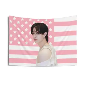 1pc SKZ Kpop Concert Banner | Pink American Flag Design with Bang Chan Visuals, Durable Polyester Fabric, No Electricity Needed, Perfect for SKZ Kpop Fans & Home Decor, Fan Merchandise, Vibrant Print Quality Y2K Indie Room Decor Wall Polyester Tapestry