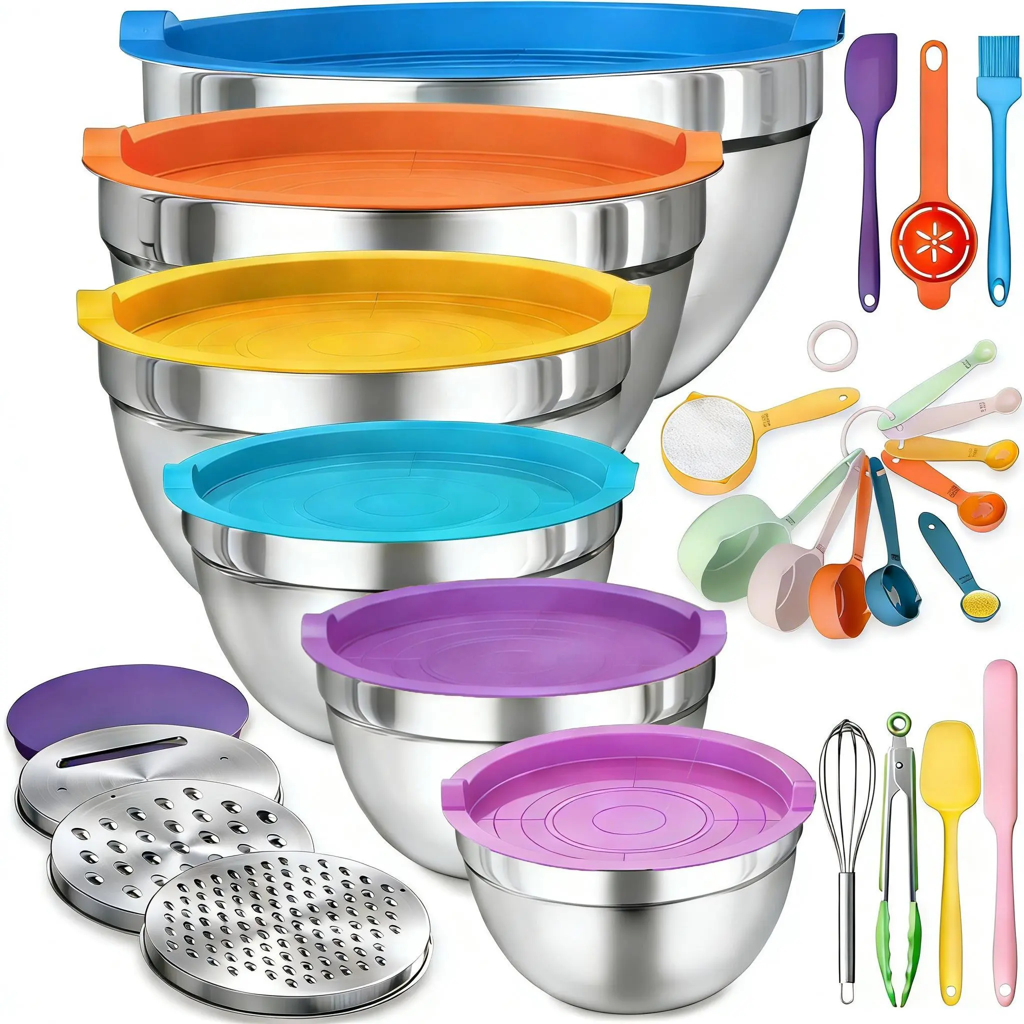 6PCS Classic Round Stainless Steel Nesting Mixing Bowls Set (7qt–1qt Range, Mirror Finish) - Airtight Lids, 3 Grater Attachments, Non-Slip Bottoms, 3.5qt Splash Lid, Dishwasher Safe Kitchen Utensils for Cooking, Serving (Colorful), Nesting Sizes