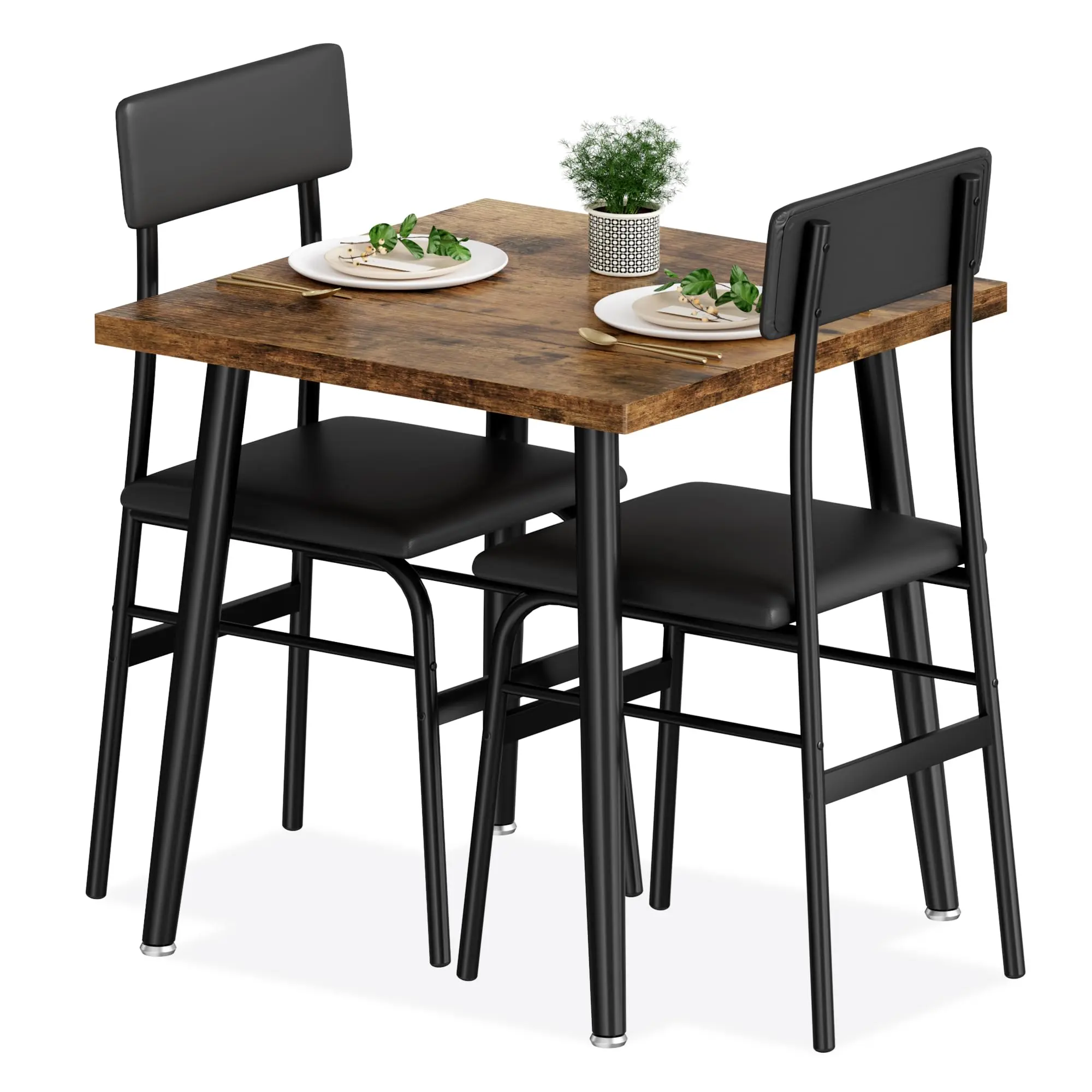 3-Piece Dining Table Set for 2 - Compact Kitchen & Dining Furniture with Wood Table, 2 Upholstered Chairs for Apartments & Breakfast Nooks