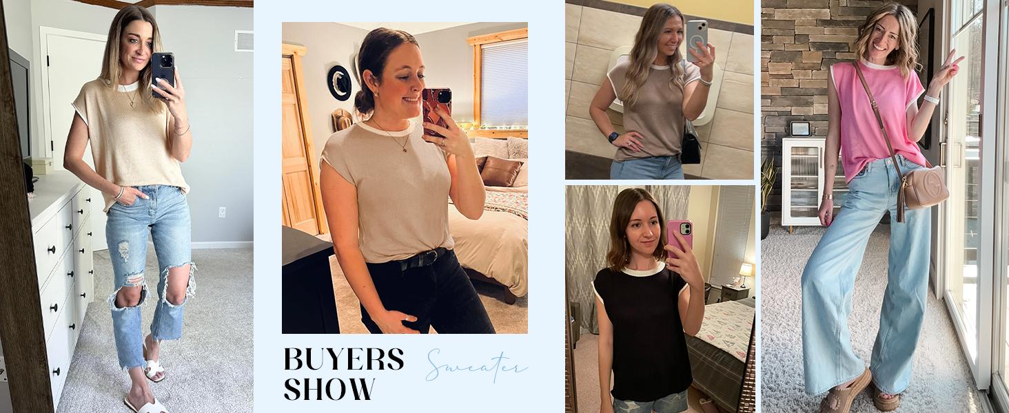 Saodimallsu Womens Summer Cap Sleeve Knit Tops Casual Sleeveless Sweater Vest Crew Neck Color Block 2025 Trendy Tank Top