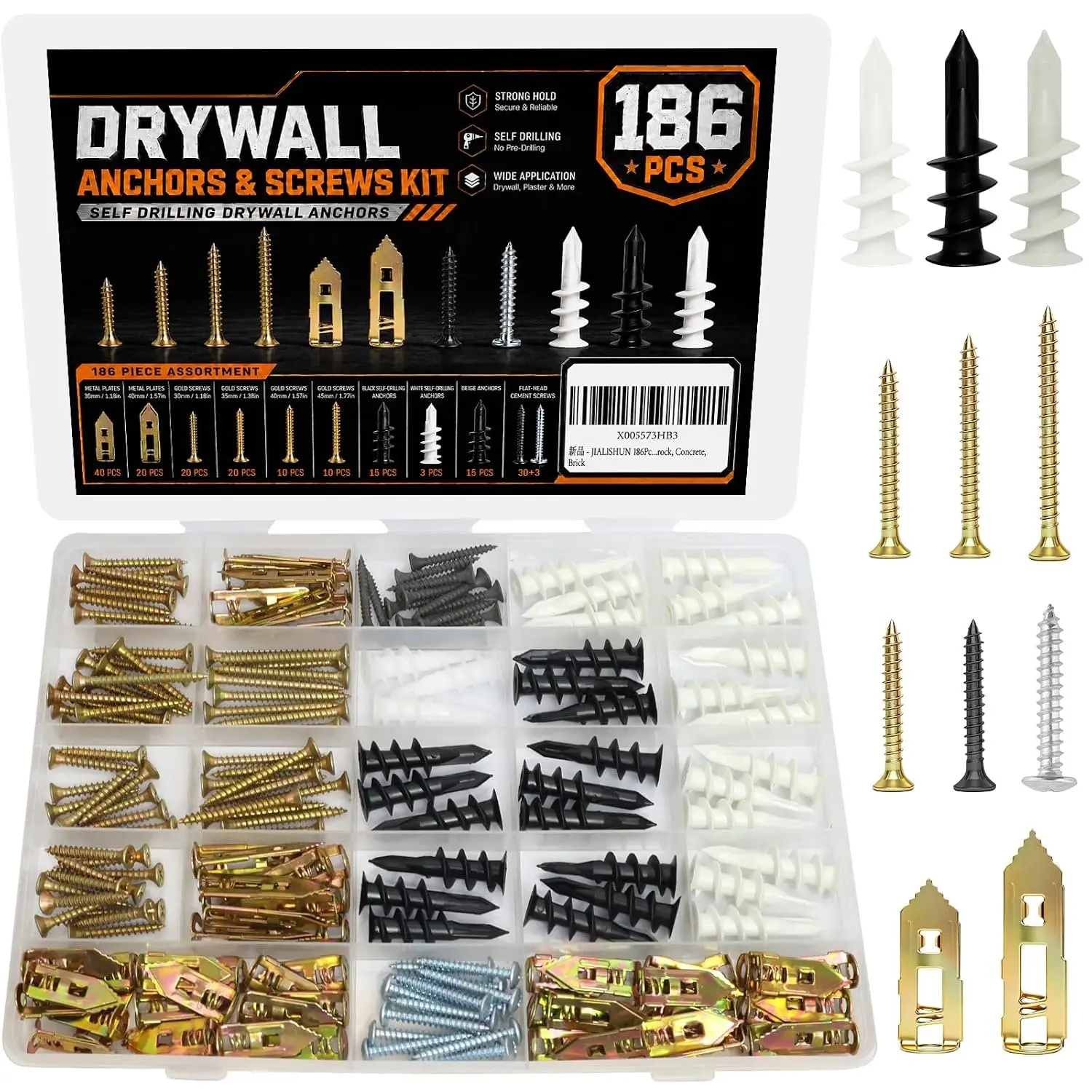 Drywall Anchors with Screws Kit, 186 count Self Drilling Wall Anchors and Screws , Metal Expansion Plates, Nylon Anchors and Flat  Cement Screws for Picture , Shelves, Wall Decor