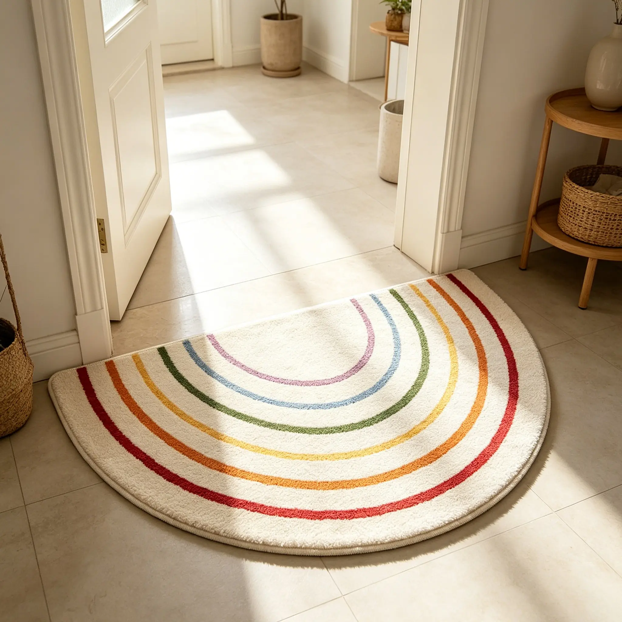 Creamy Rainbow Half-Circle Door Mat, Soft Comfortable Rug, Hand Wash Only, Ideal for Living Room, Bedroom, Bathroom, Kitchen, Hallway