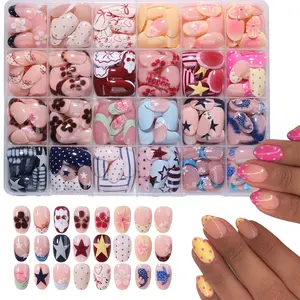 576pcs Short Oval Press-On Nails, Nail Design, Polka Dot Stripes, Star Elements, Cherry Flowers, Heart Prints, Party, Dance, Daily Wear