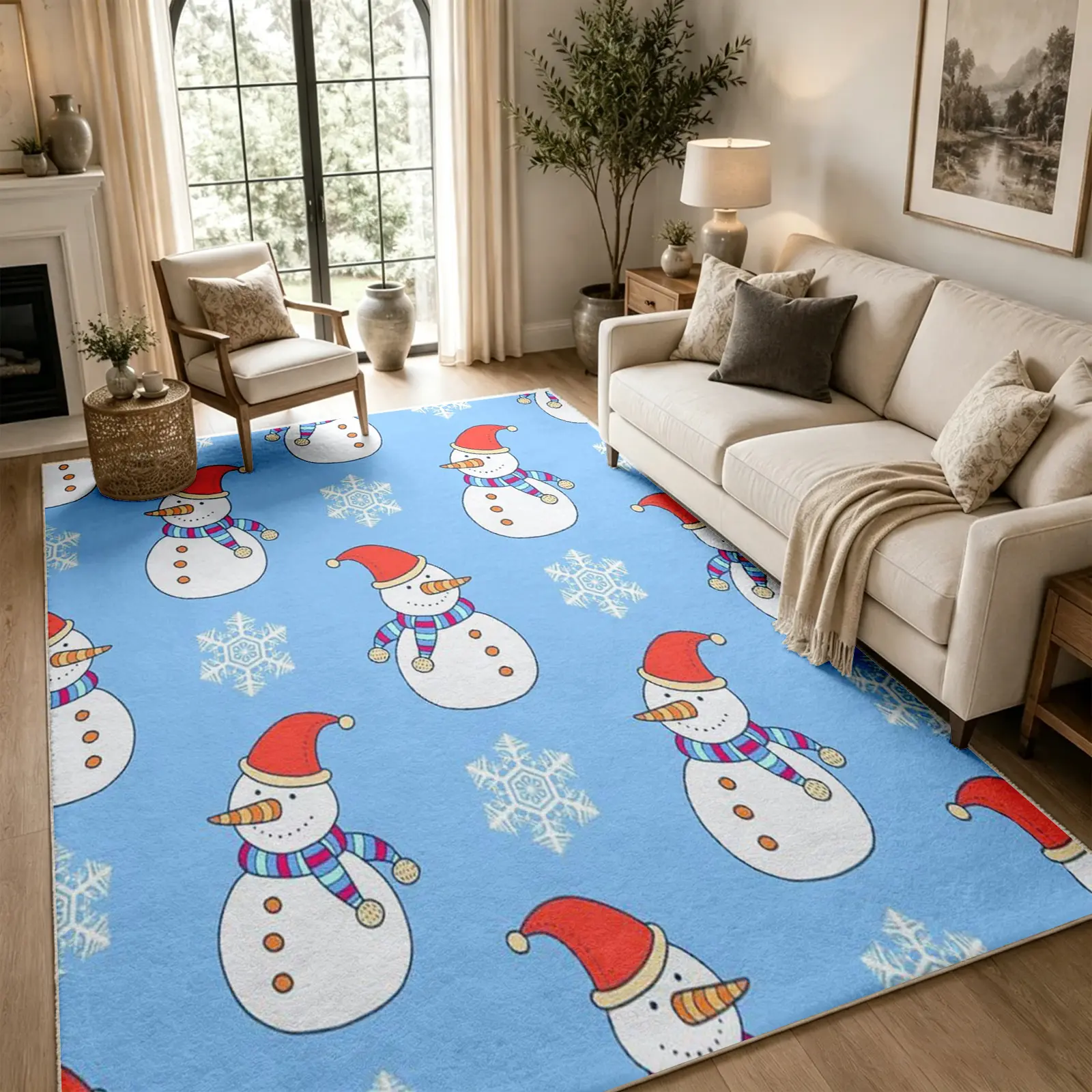 [Moving Season]Funny Christmas Snowman Area Rug, Light Blue Snowflake Carpet, Soft Faux Cashmere, Non Slip Washable Floor Cover for Living Room Bedroom Dining Room Office, Festive Christmas Decor, Home Decor (Various Sizes)