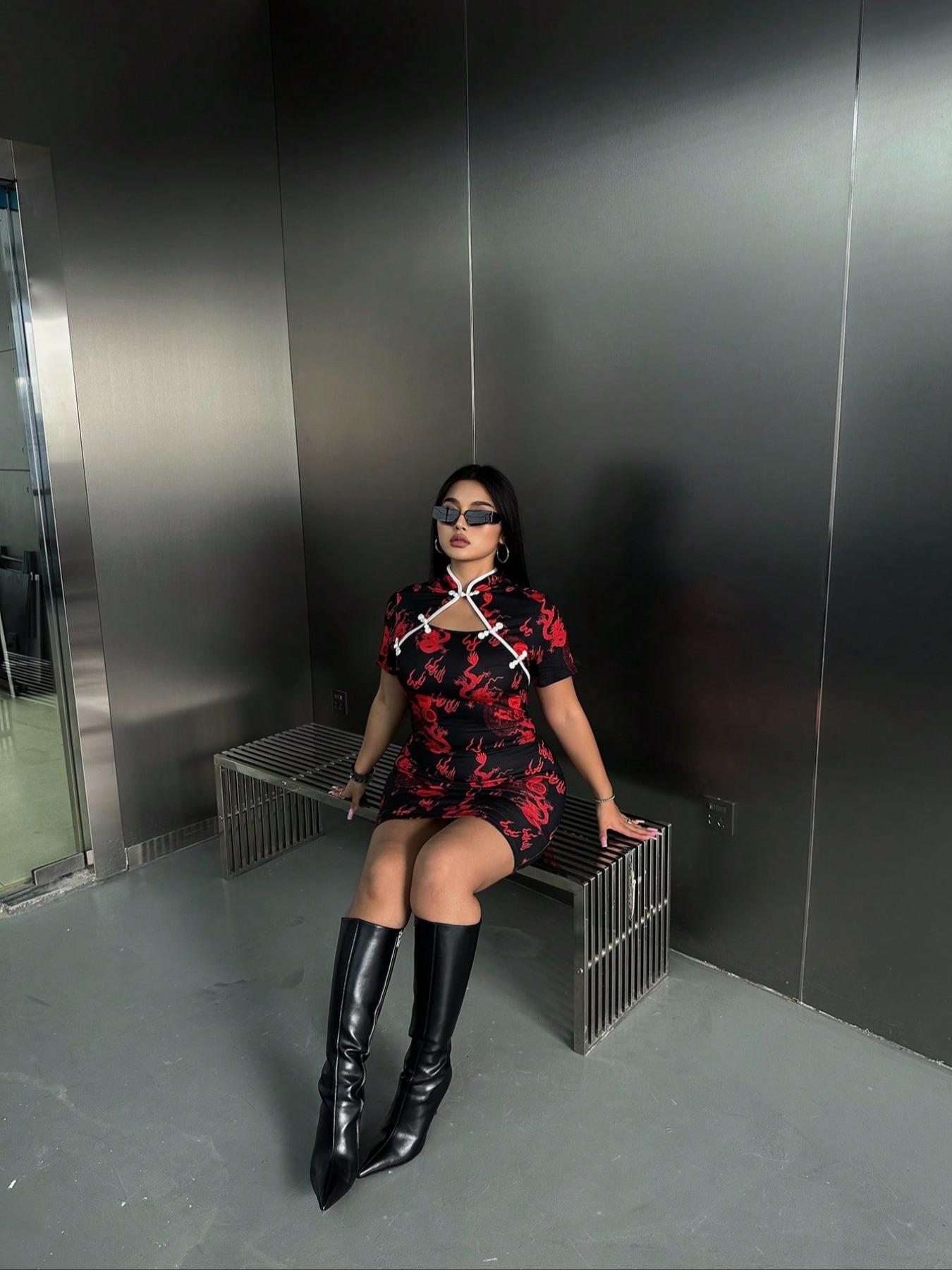 [plus Size] Ethnic Pattern Print Mandarin Collar Bodycon Dress, Short Sleeve Short Dress for Party Holiday Wedding Guest, Women's Clothes for All Seasons, Formal Dress Hides Tummy, Dresses For Wedding, Polyester Dress
