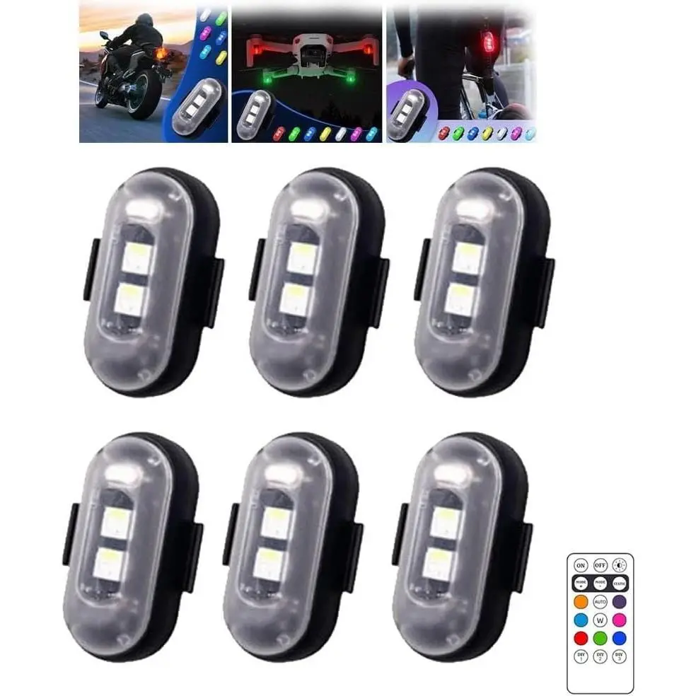 Car Decorative Light & Drone Lighting Kit - 6 Pcs Universal Fit Mini Wireless LED Strobes, Remote Control, 8 Colors, 10 Modes, USB Rechargeable, 60hr Runtime, Compact, Velcro Mount