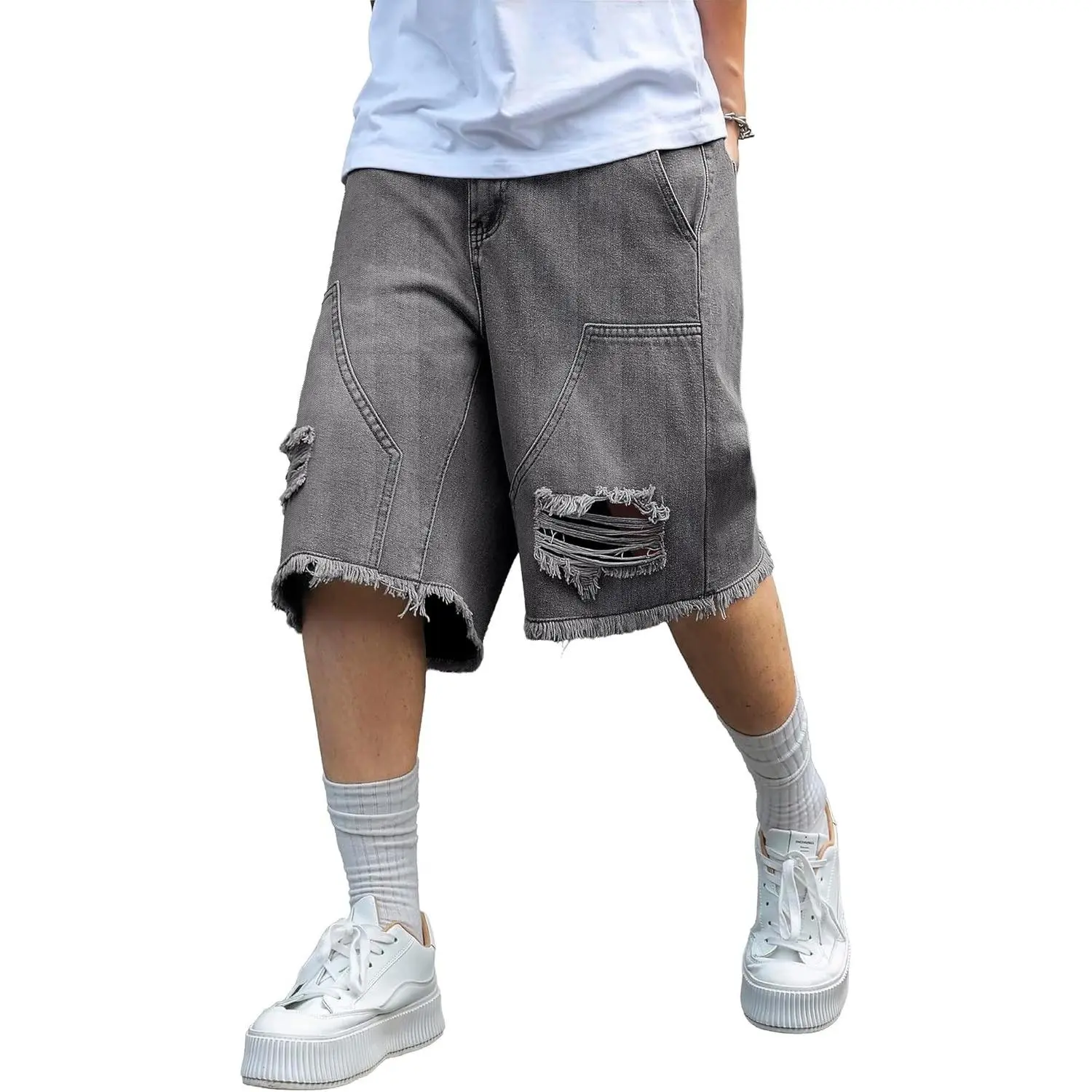 Mens Y2K Carpenter Baggy Jean Shorts, Ripped Jorts Wide Leg, Distressed Cargo Long Denim Shorts Loose Fit Streetwear Summer