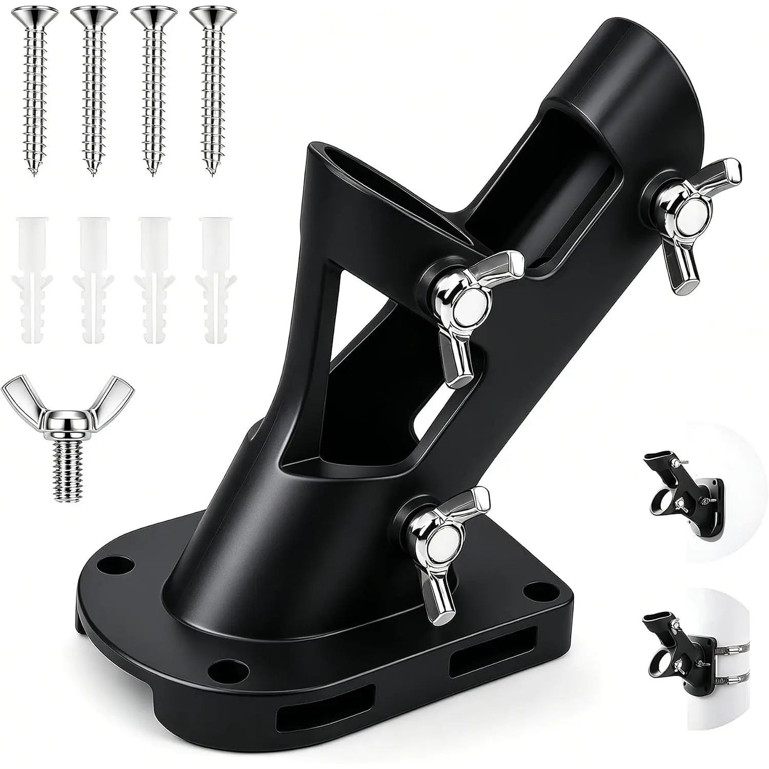 Flag Pole Holder for Outside House, 1 Inch  Bracket, Black | Rustproof 2-position flag pole mount with 3 adjustable thumb screws for porch, wall, fence, deck and railing use.