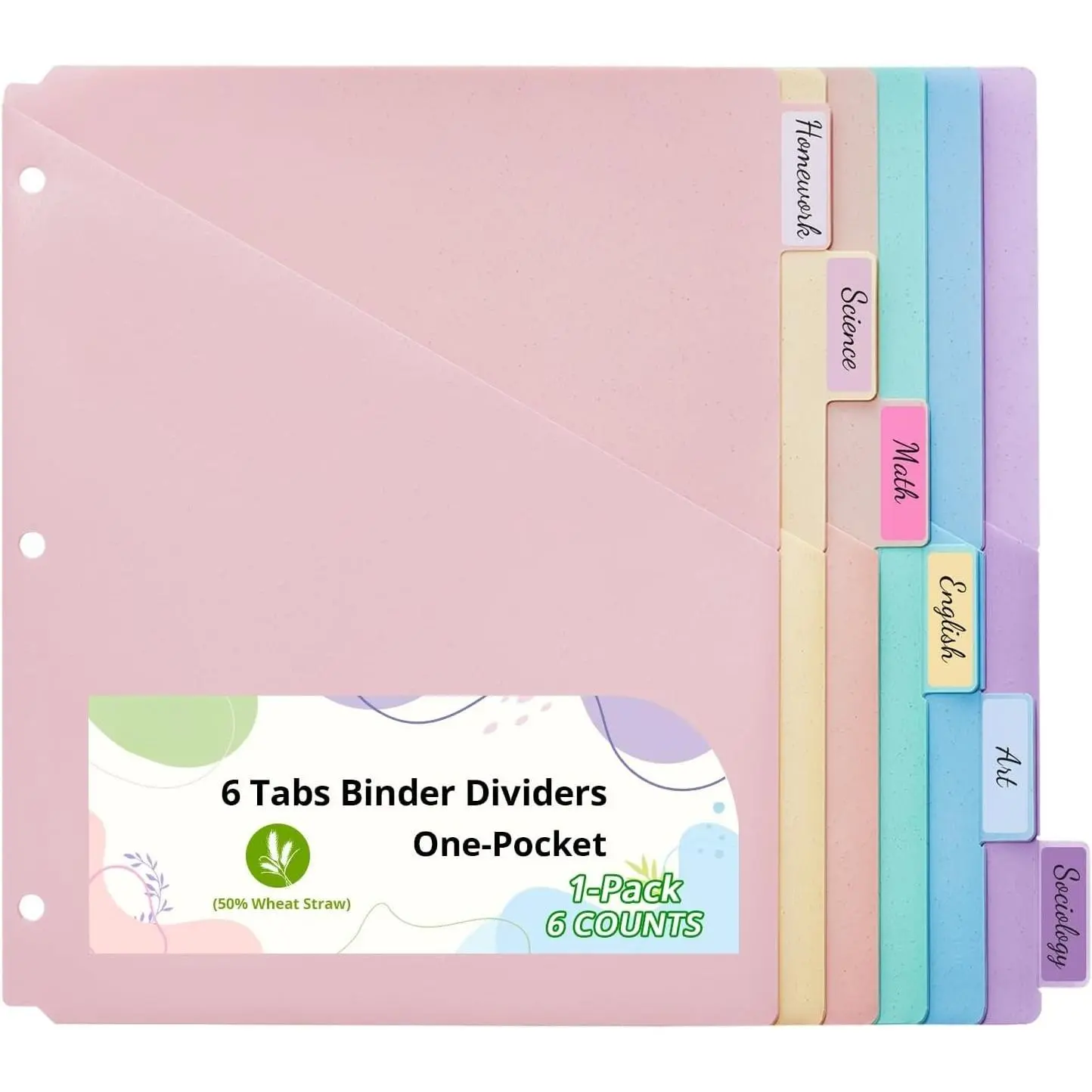 6-Tab Letter Size Dividers for 3 Ring Binder, Wheat Straw Binder Dividers with  Pocket, 6 Pastel Colors,  for School, Office Supplies (1)