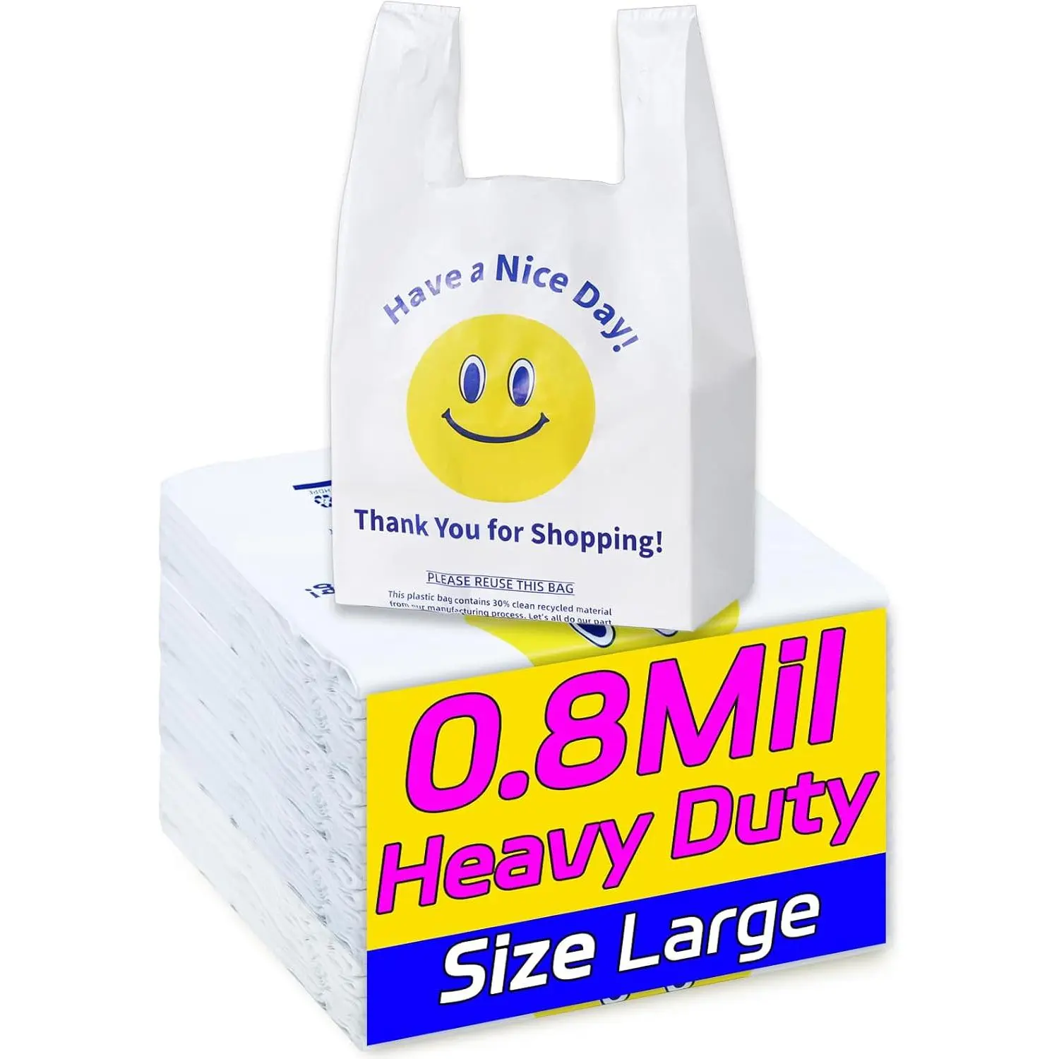 0.8Mil(20 Microns), 50 Count, Plastic Bags with Handles, T-Shirt bags, Thank You bags, Shopping Bag, Grocery Bag, |for Store, Carry, Pack|, White, 1/6 Barrel, Large 11"x6"x21", Heavy Duty