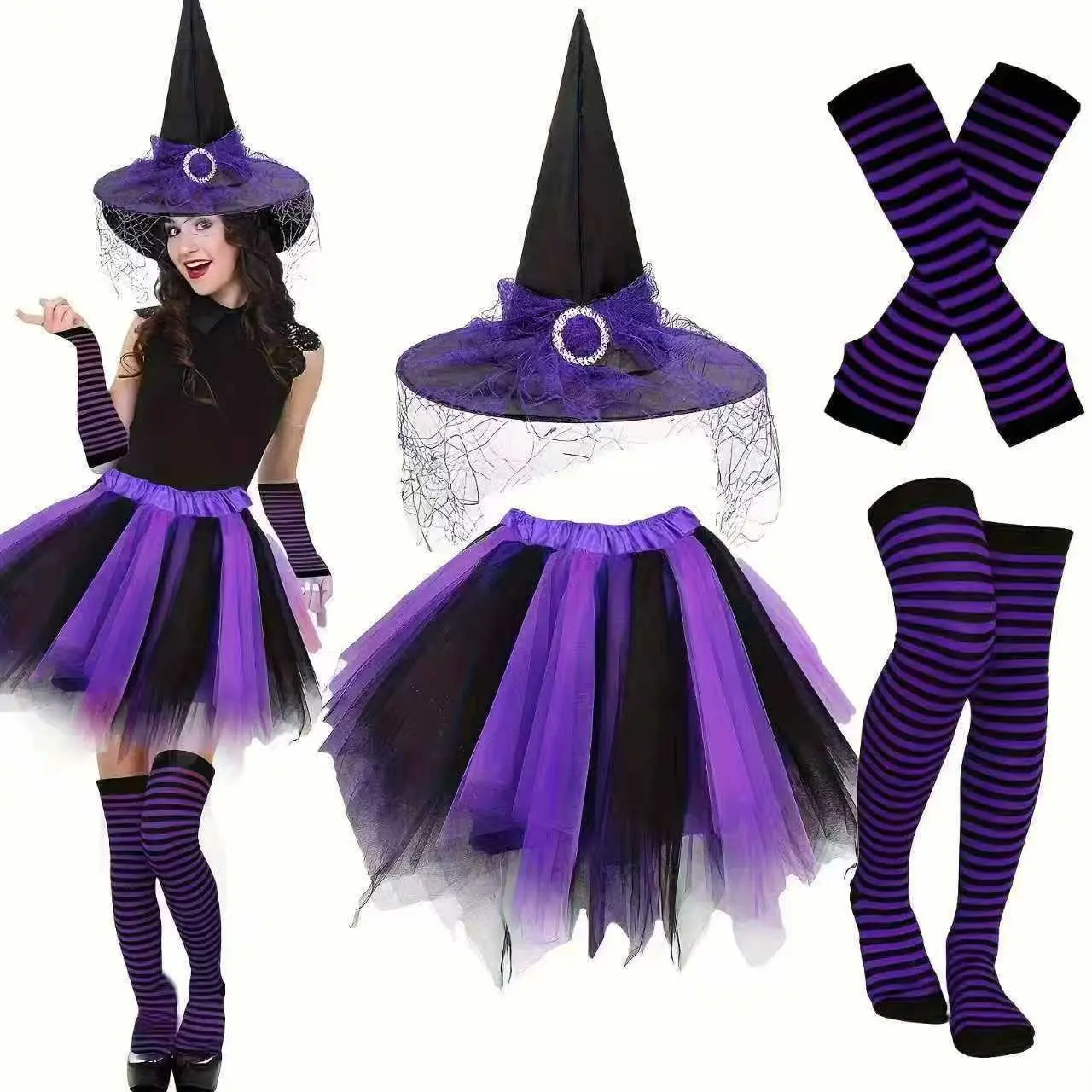 Women's Halloween Witch Costume Set (4 Pieces), Sheer Dress, Witch Hat, Striped Over-The-Knee Socks, Arm Sleeves, Party Role Play, Dress Up Costume