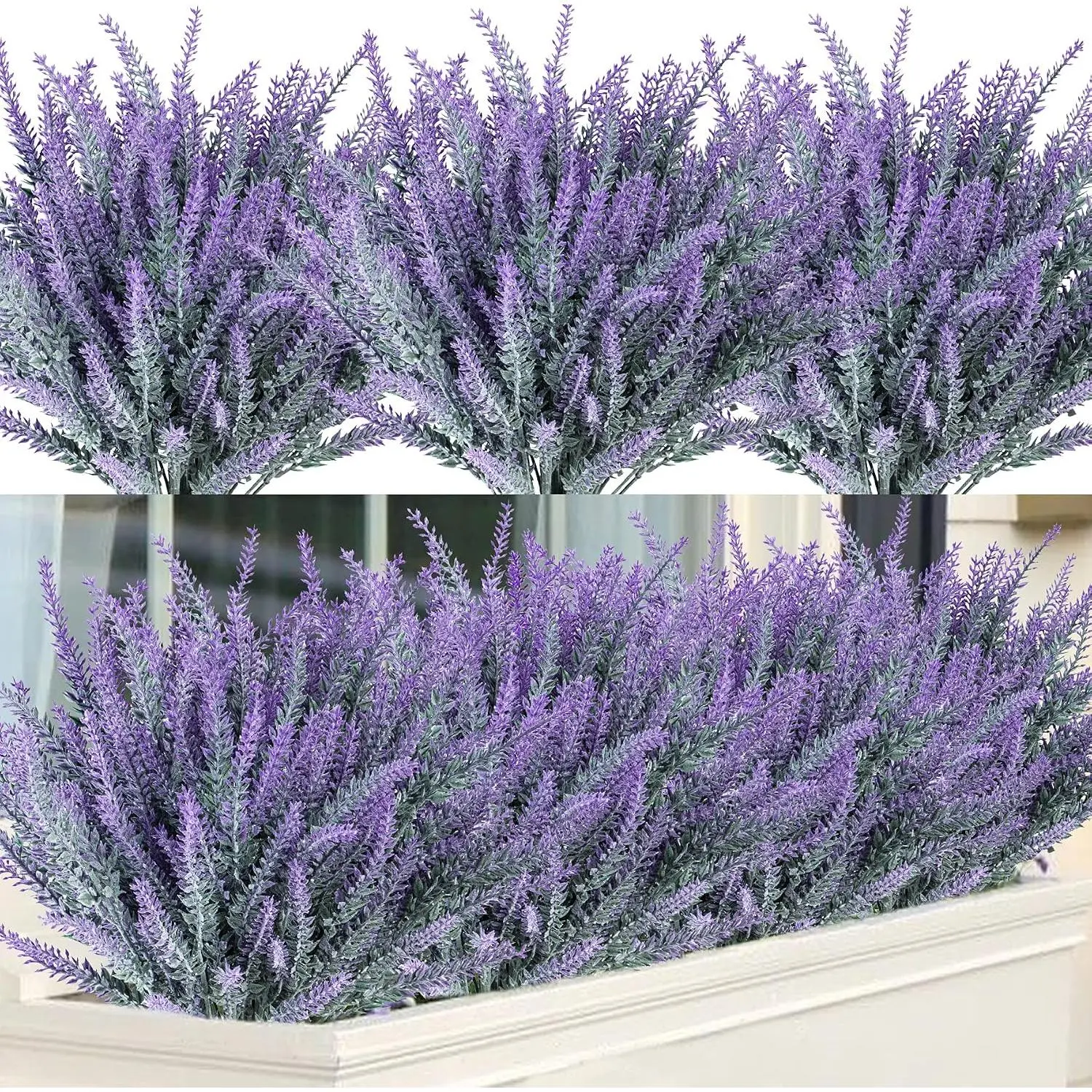 12 Bundles Artificial Lavender Fake Flowers Faux Plastic Plants for Home Wedding Kitchen Garden Patio Window Box Office Table Centerpieces Indoor Outdoor Decor, Gray Purple