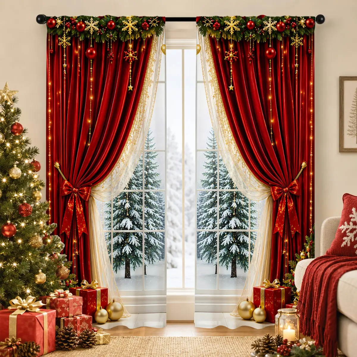 2pcs Semi-blackout curtains featuring a burgundy Christmas print with bows, string lights, and snowy pine/fir tree motifs; made of polyester; suitable for bedrooms, kitchens, studies, cafés, and more. Window Drapes