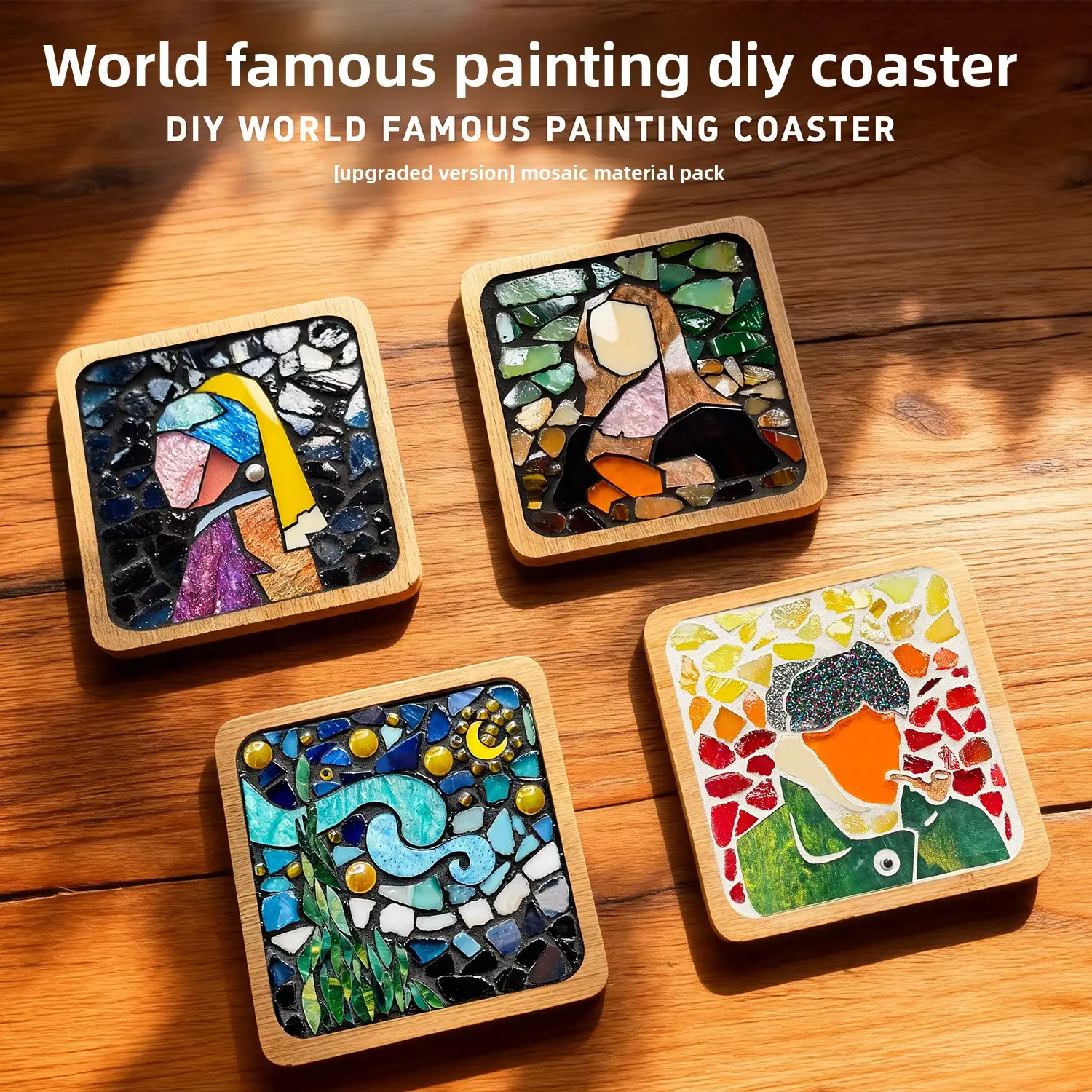 DIY Famous Painting Mosaic Coaster Craft Kit - Diamond Mosaic, Mixed Textile Tile Sticker Set with Van Gogh Sunflower, Mona Lisa Designs, Complete Wooden Cup Mat Supplies, Stress Relief Gift for Adults (Birthday Party Favor)
