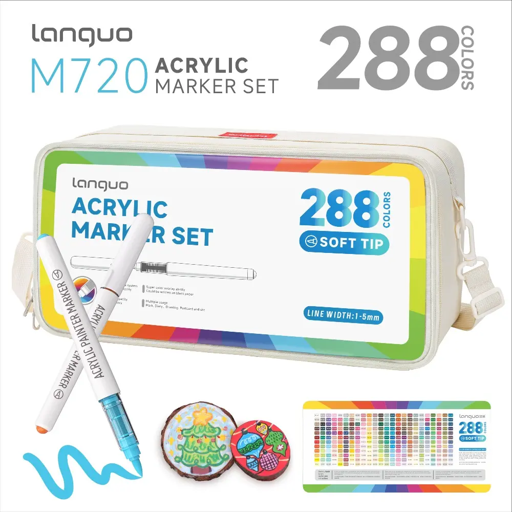 Languo 288-Color Soft Brush Tip Acrylic Markers Set - 1-5mm Line Width Water-Based Pens with Portable Bag for Rock, Canvas, DIY Art Crafts & Drawing (Office Stationery Writing Tool)