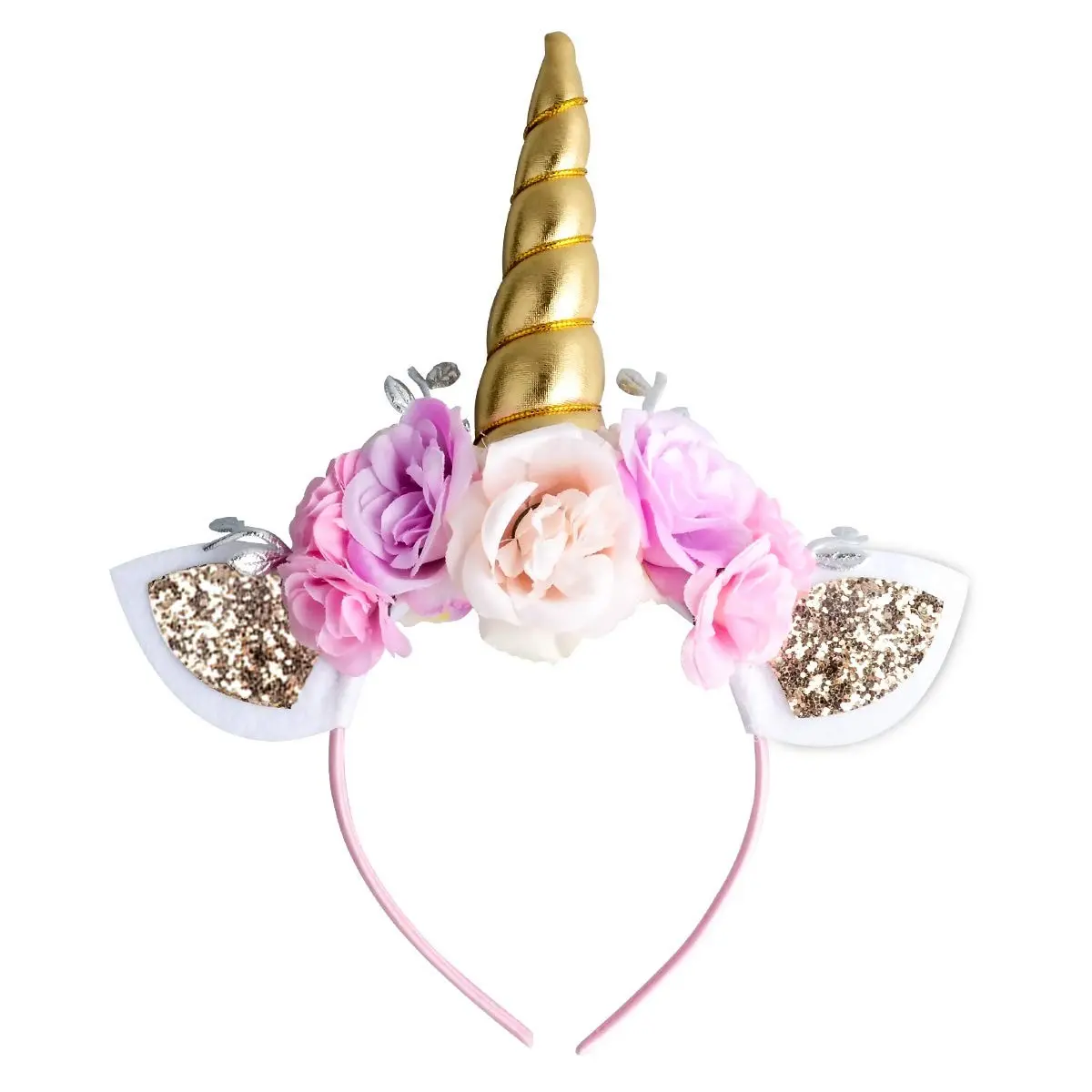 Unicorn Horn Headband with Flowers and Cat Ear for Girls Women Adults Costume Birthday Party, Gold Unicorn Hairband for Unicorn Party Decorations(Gift)
