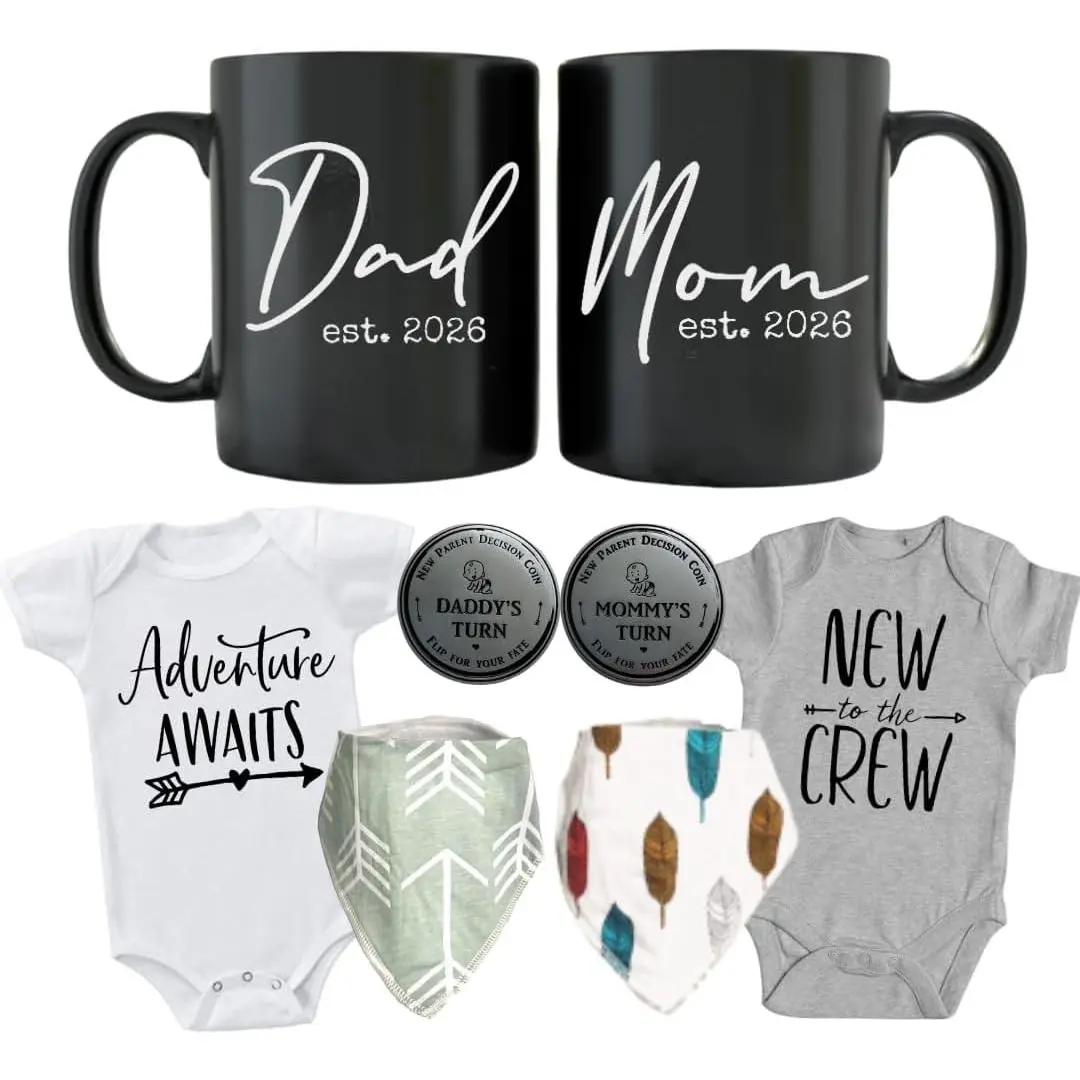 Pregnancy Gift Set for Expecting Parents - New Mom & Daddy Est 2026 11 oz Mug Set with "Adventure Awaits & New to Crew" Onesie 0-3 Months, Baby Changing Coin, Baby Bibs - Mom & Dad Gift Set(Gift)