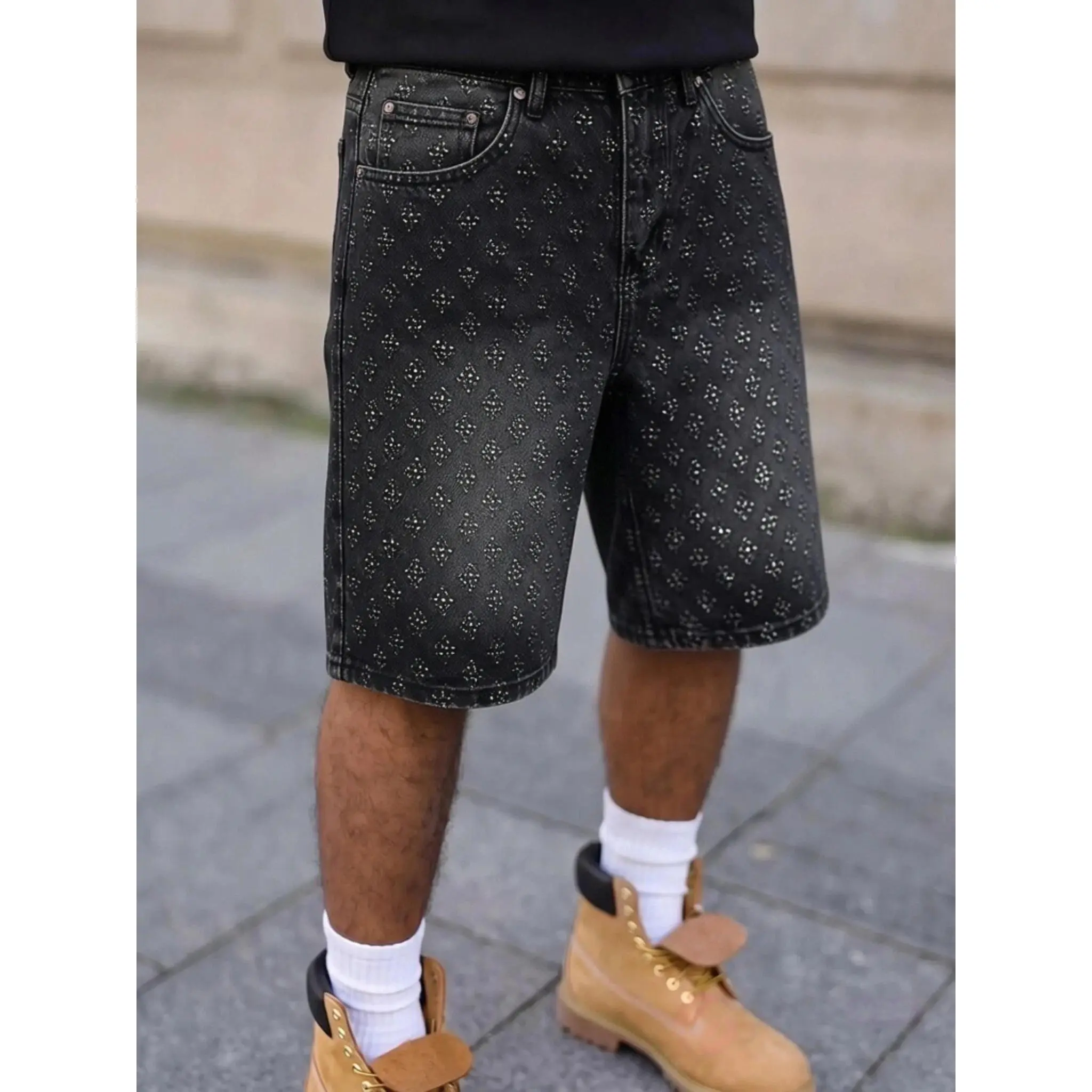 Men's High Cotton Textured Embossed Cross Motif Mens Denim Shorts, Classic Five Pocket Mid Thigh Knee Length Bermuda Denim Pants, Loose Fit Casual Outdoor Workwear Summer Jean Shorts