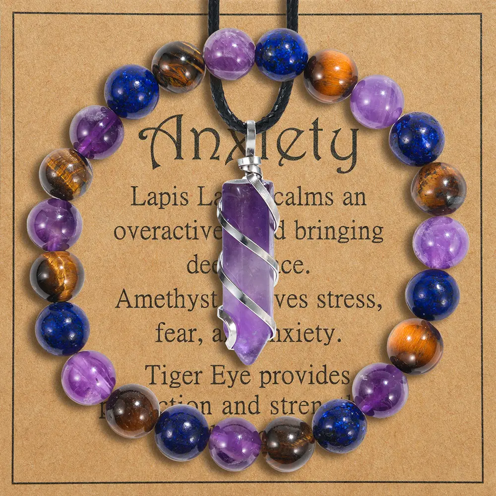 Female 2-Pcs Beads Jewelry Set - Amethyst Pendant Necklace + Tiger Eye Stone Protection Bracelet, Daily Wear Good Luck Crystal Accessories, 2Pcs, Crystals, Two Piece Set