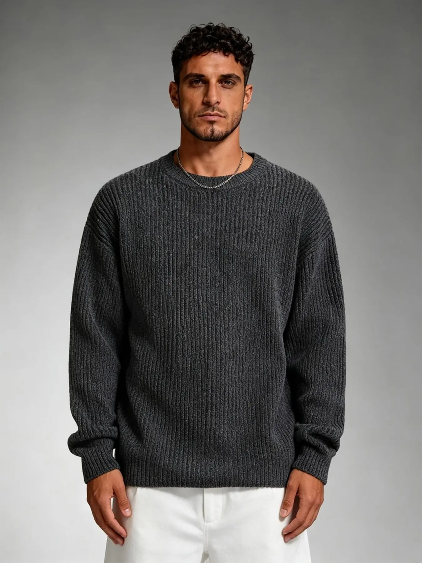 Men's Crew Neck Thick Rib Knit Sweater, Knitwear, Loose Fit Long Sleeve Pullover, Autumn Winter Casual Daily, Comfortable and Stylish
