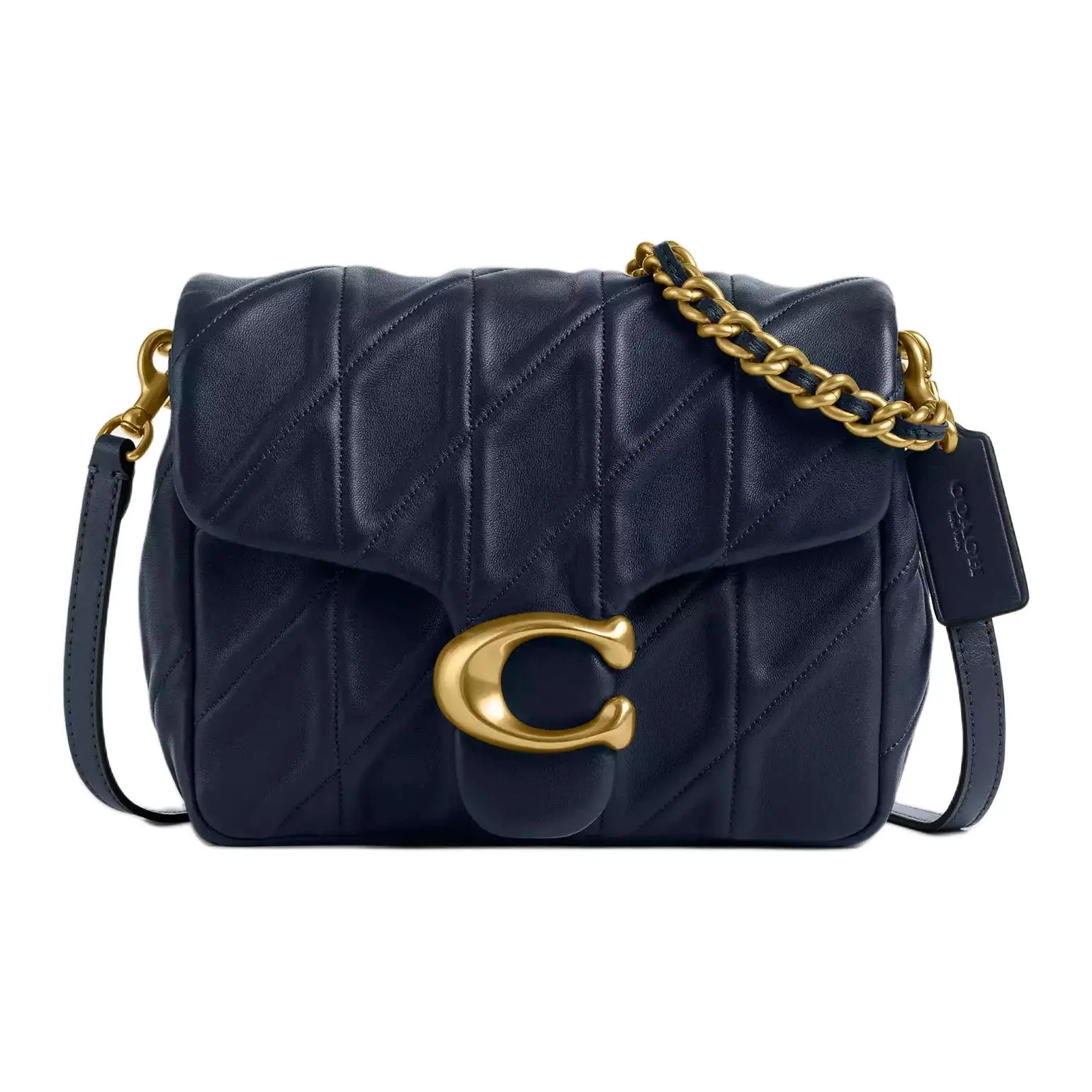 COACH Tabby 20 Crossbody Bag for Women – Metallic Logo Snap Closure, Napa Leather, Small Size, Navy Blue
