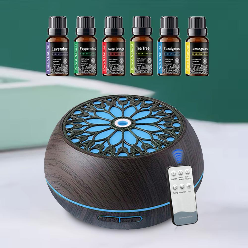 Wood Grain Aroma Diffuser Humidifier 550ml, Ultrasonic Waterless Fragrance Oil Diffuser with Remote, Essential Oil Aroma Diffuser for Home Humidifiers, Anxiety & Flower Humidifier, Air Purifier, Auto Shut Off, 6 Oil Bottles Included d is ff user