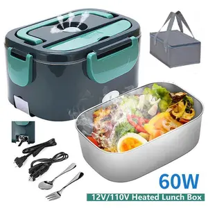 Lunch Box Food Warmer, 1.5L 2-in-1 Portable Heated Lunch Box for Car Truck Home Work Adult Food Heating, 110V/12V/24V 60W, New Year Gift