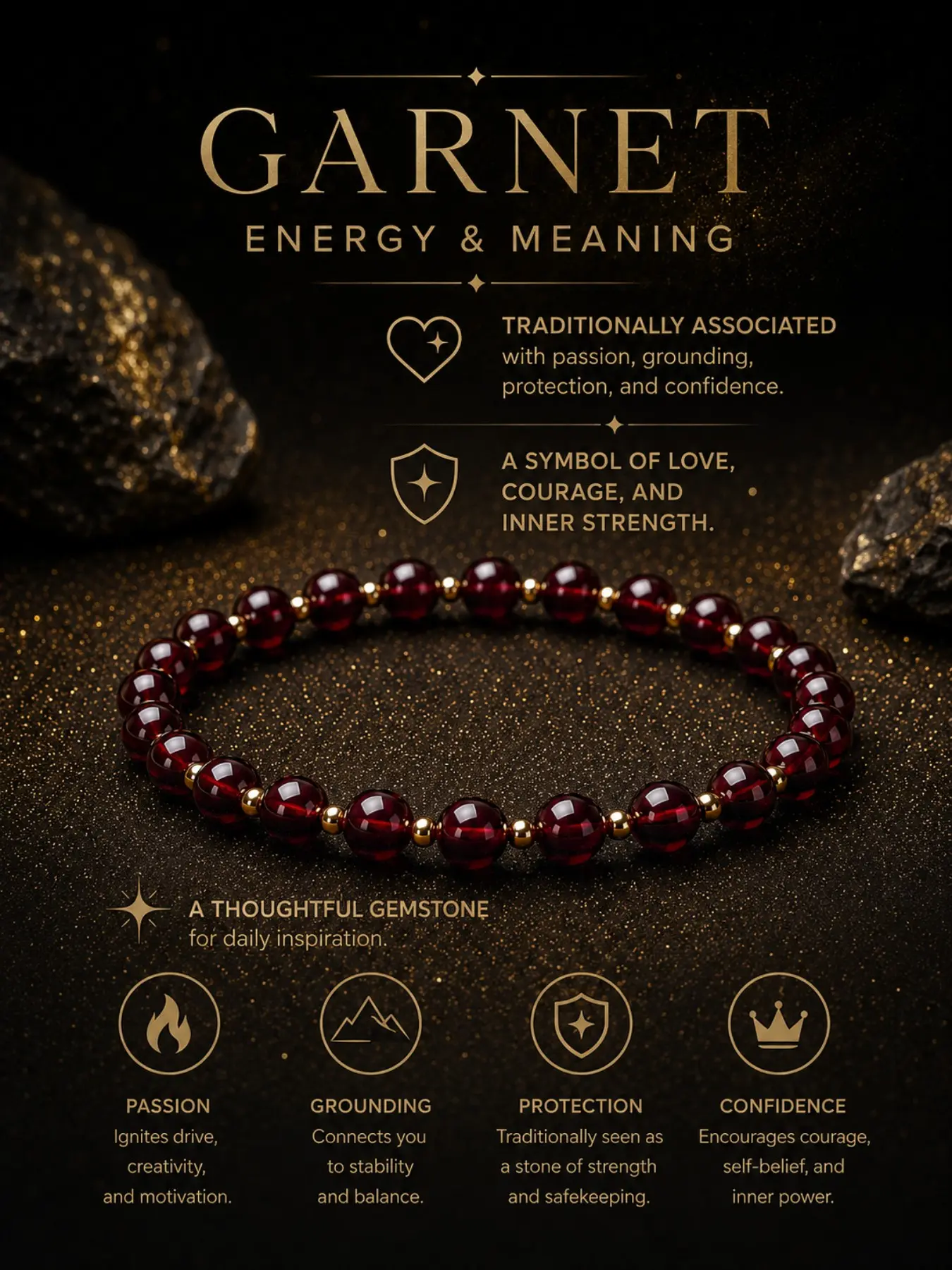 Garnet Stone Bracelet, Gold Bead Elastic Round Beads, Beaded Bracelets, Luxury Women's Daily Jewelry, Gift Accessory, All Seasons Casual Style