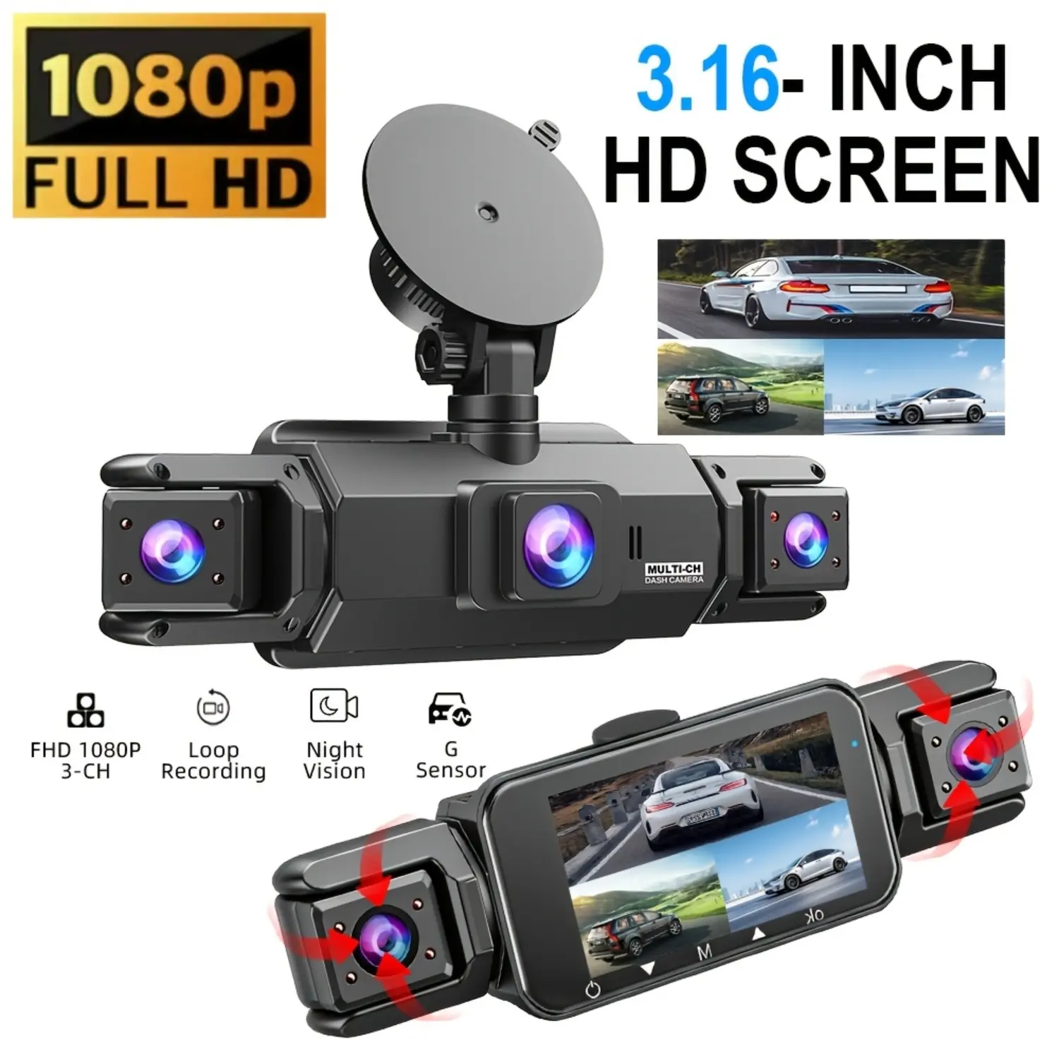 FHD 1080P Dash Cam for Cars, 2/3/4 Channel Recording, G-Sensor, Loop Recording, Wide Angle Lens, Optional WiFi, Optional 32GB Card