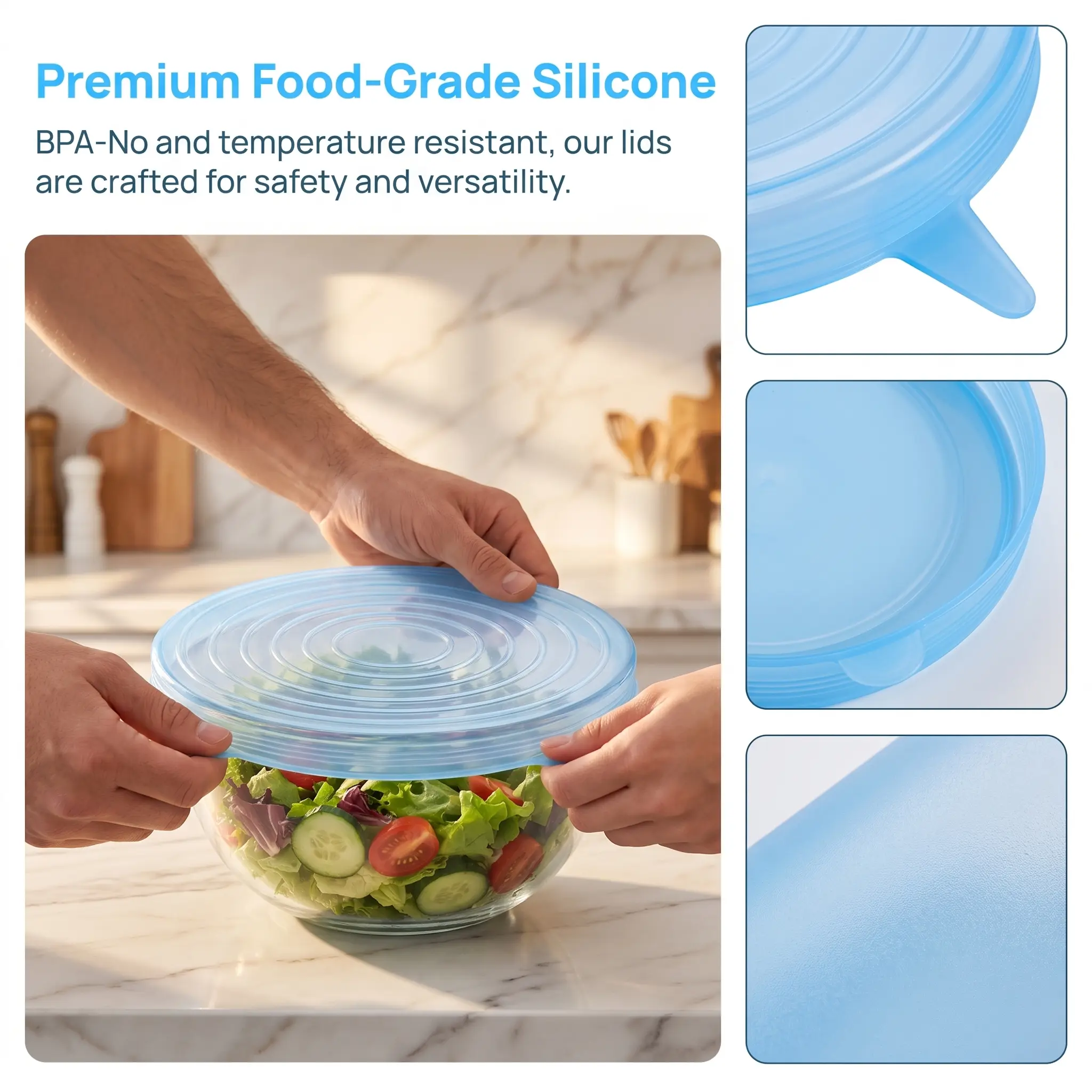 6 Pack Stretchable Silicone Lids, Reusable Elastic Food Container Covers, Multi-Size Seal Lids for Kitchen Storage, Blue Camping Kitchen Essentials