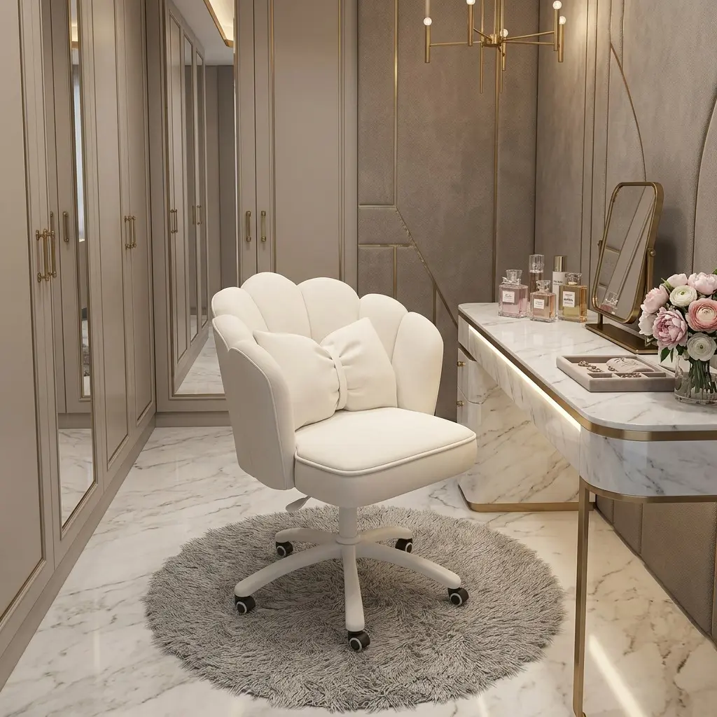 White Velvet Petal-Shaped Makeup Vanity Desk Chair - Adjustable Height Seating, Ergonomic 360° Swivel, Rolling Wheels, Modern Soft Fabric Chair for Bedroom, Home Office, Ergonomic Swivel Chair