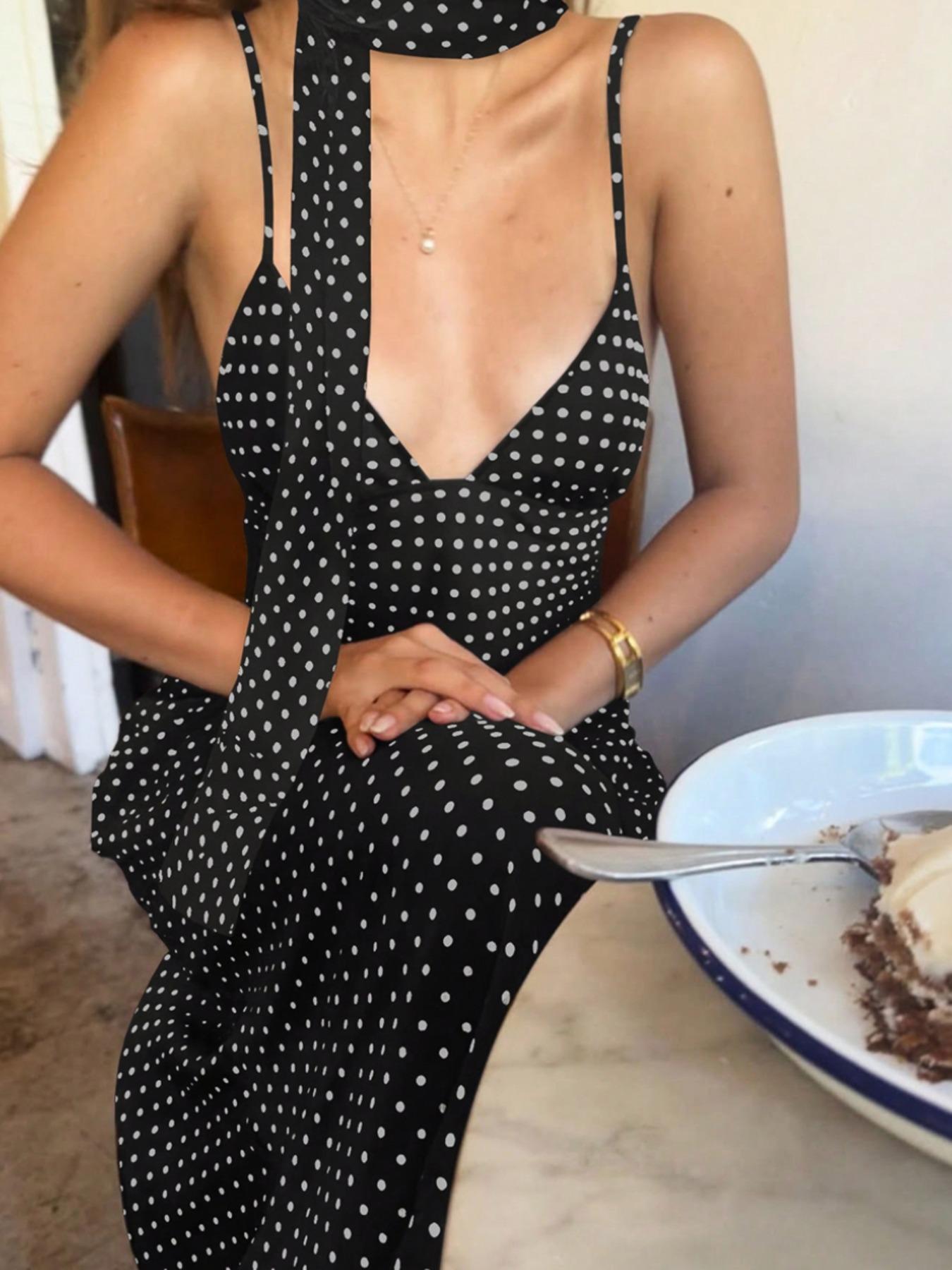 Women's Polka Dot Print Tie Shoulder Cami Dress, Fashion Casual Bohemian Sleeveless Long Dress for Daily Outdoor Wear, Women Dress for Summer, Casual Summer Chic Womenswear, Casual Elegant Dress