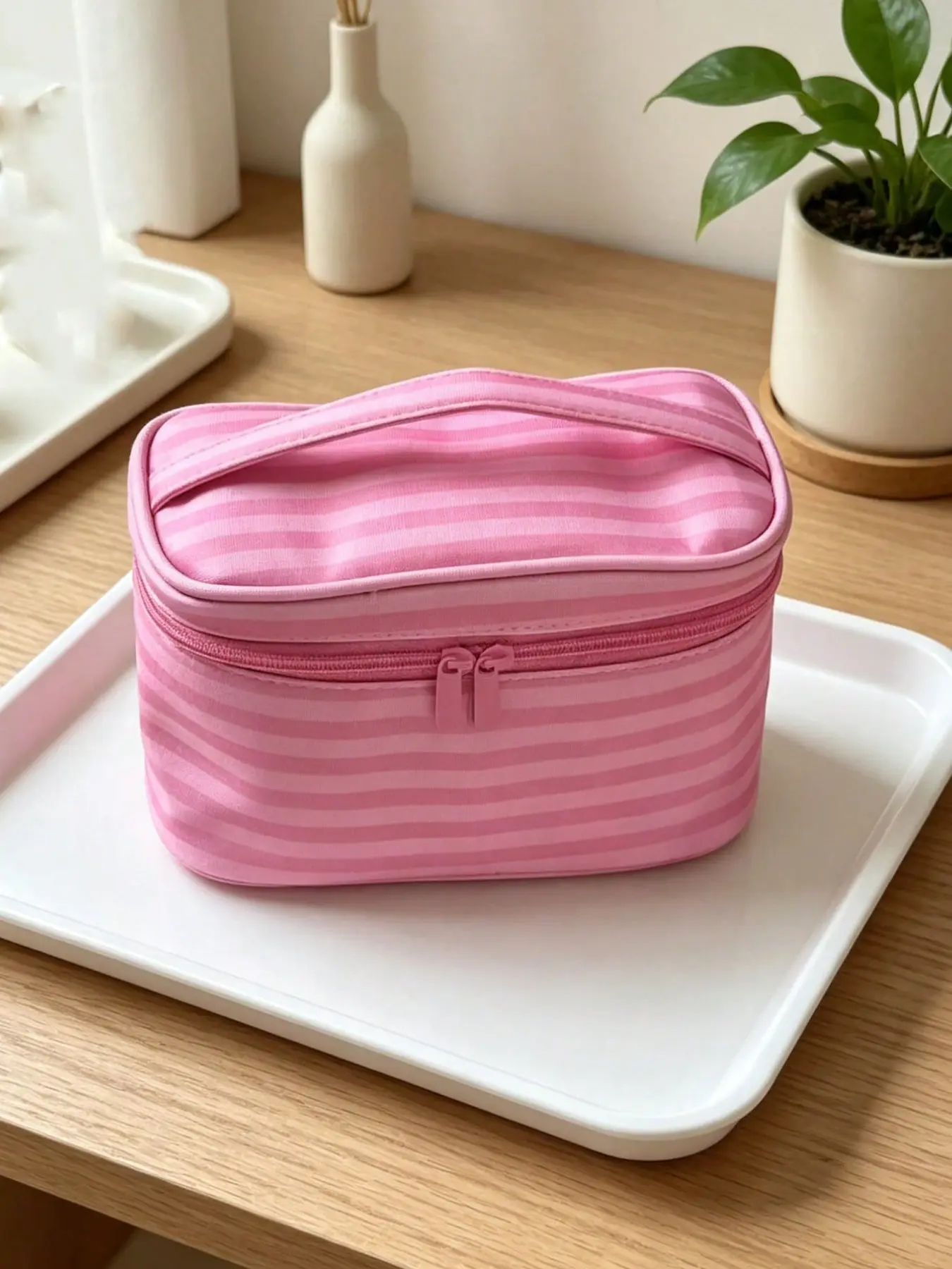 Striped Cosmetic Bag, Large Capacity Portable Makeup Bag with Mirror, Handheld Cosmetics Organizer for Women, All Seasons, Makeup Pouch