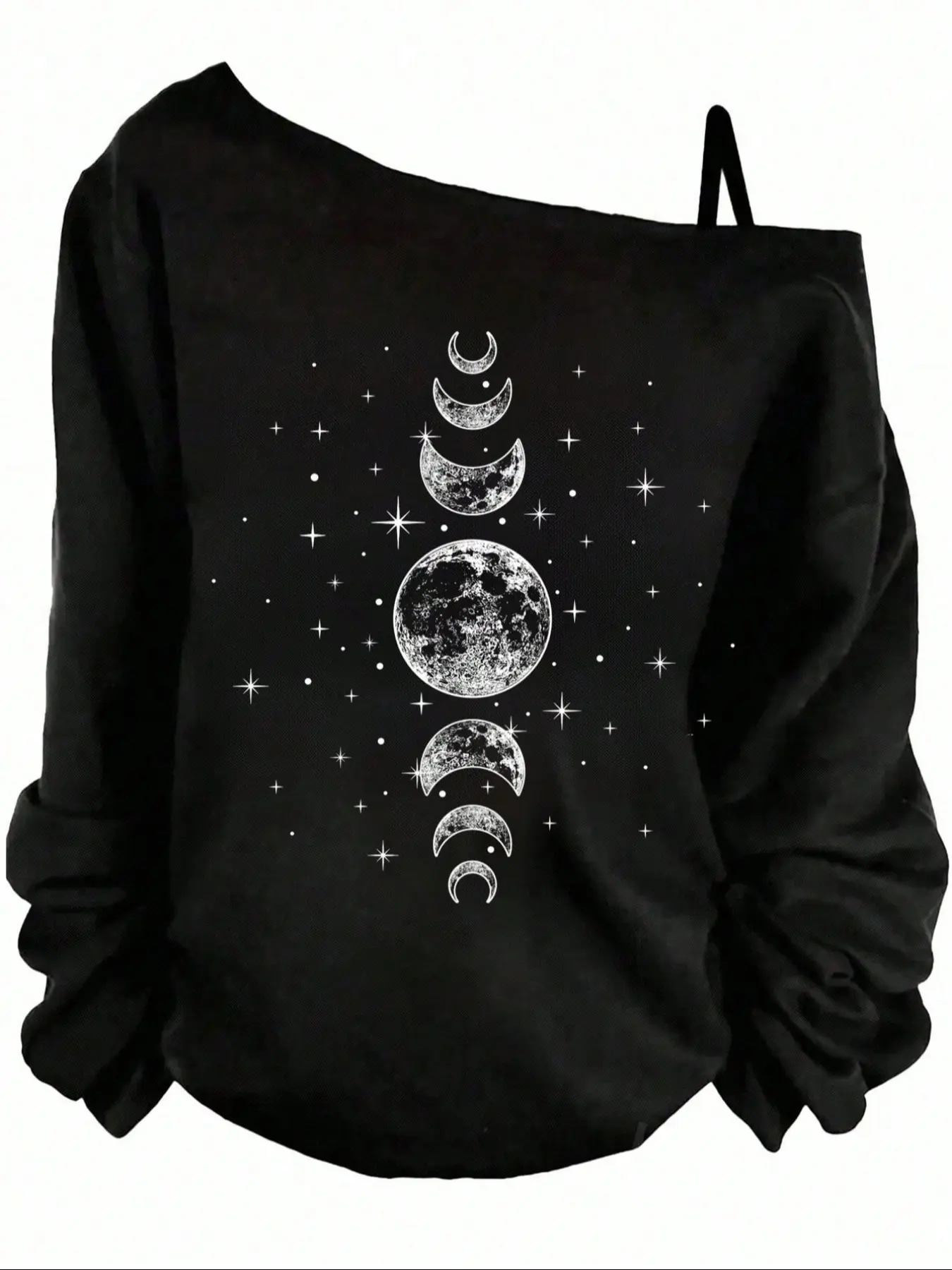 Women's Fall New Design Asymmetrical Shoulder Loose Fit Long Sleeve T-Shirt, Casual Comfortable Everyday Moon Print Top, Essential Wardrobe Piece