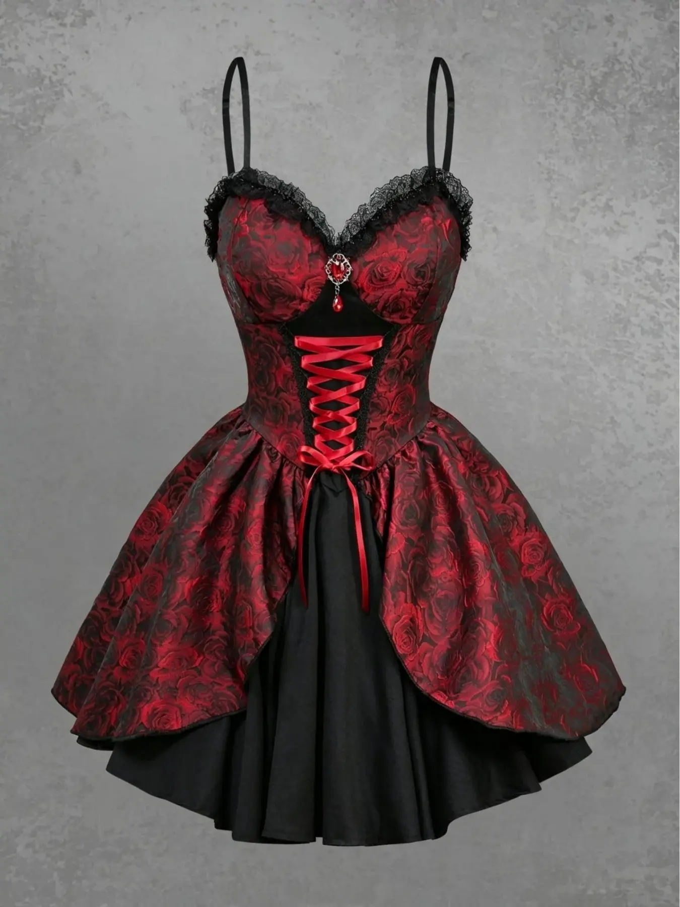 Gothic Rose Embroidered Waist Halter Short Dress, Lace Trim Tie Belt A-Line Dress, Halloween Vampire Costume, Adjustable Straps, Elegance