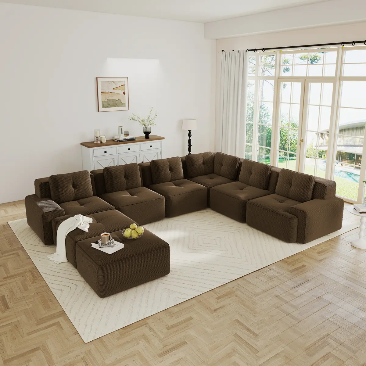 Aobtkel Minimalist Brown Corduroy 6-Seat V-Shaped Corner Modular Sectional Sofa for Living Room Furniture, Big Comfy Couch with 2 Movable Ottomans, Pearl Piping, Tufted Design, No Assembly, Anti-Slip, Durable, Flexible Combinations, Sectional Couches For