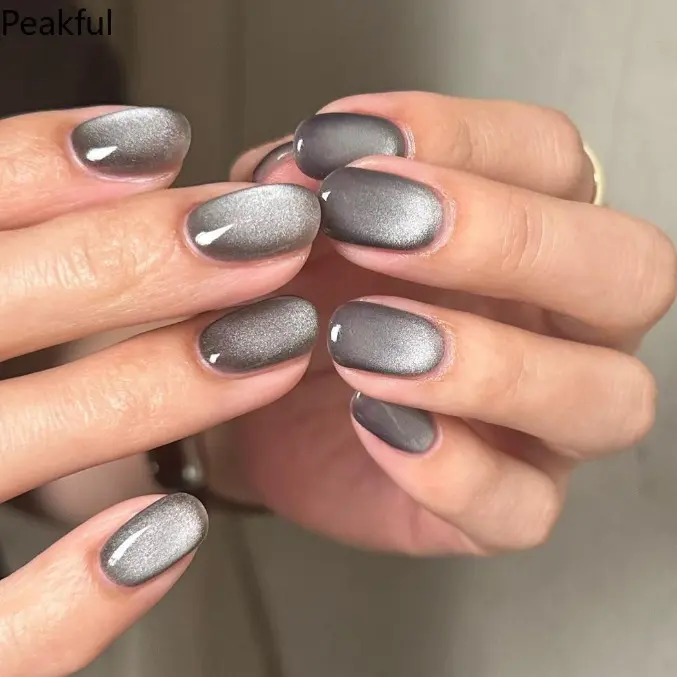 24Pcs Short Grey Cat Eye Press-On Nails, Reusable Glossy Fake Nails with Magnetic Shimmer & Sparkle, Complete DIY Manicure Kit for Women, Ideal for Travel, Beach & Daily Summer Style